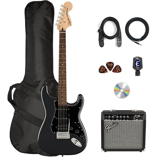 Fender Squier Affinity Stratocaster HSS Pack - Charcoal Frost Metallic Bundle with Frontman 10G Amplifier, Cable, Gig Bag, Tuner, Strap, Picks, and Austin Bazaar Instructional DVD