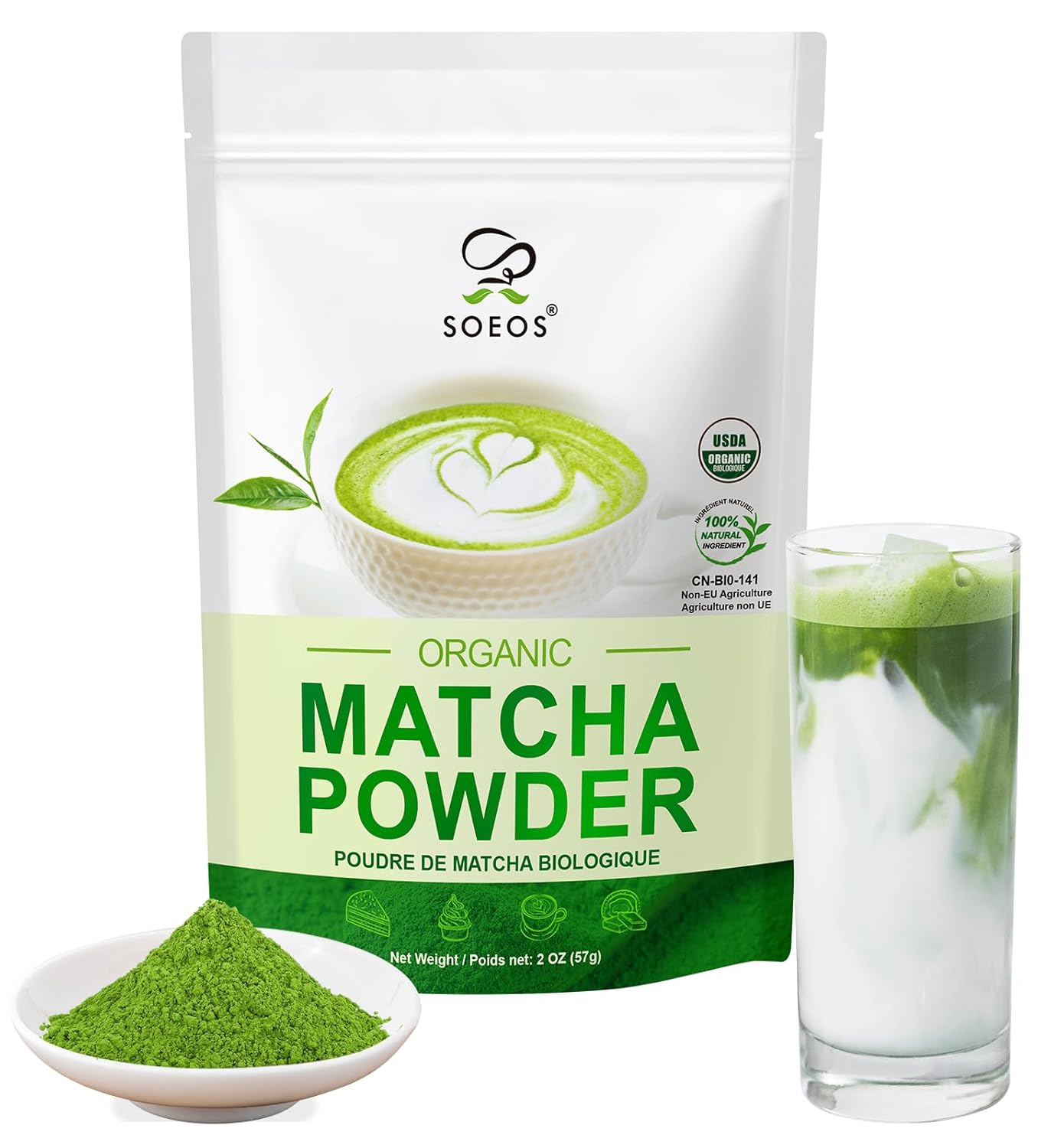 Soeos Organic Matcha Powder Matcha Green Tea Powder 2 oz 57g Antioxidant-Rich Japanese Matcha for Lattes Smoothies and