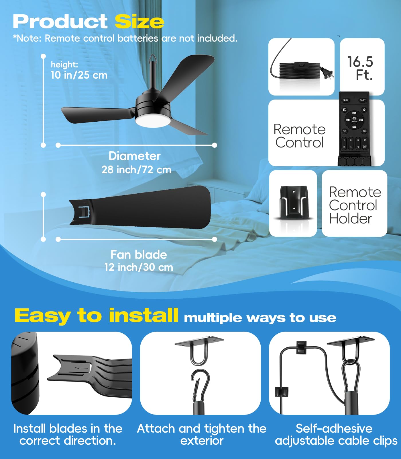 Condition photo showing New/Like New for 28 inch plug-in ceiling fan light with16.5ft long cord, gazebo fan light dimmable 3cct led,reversible,portable hook design for bedroom garage tent porch kitchen patio