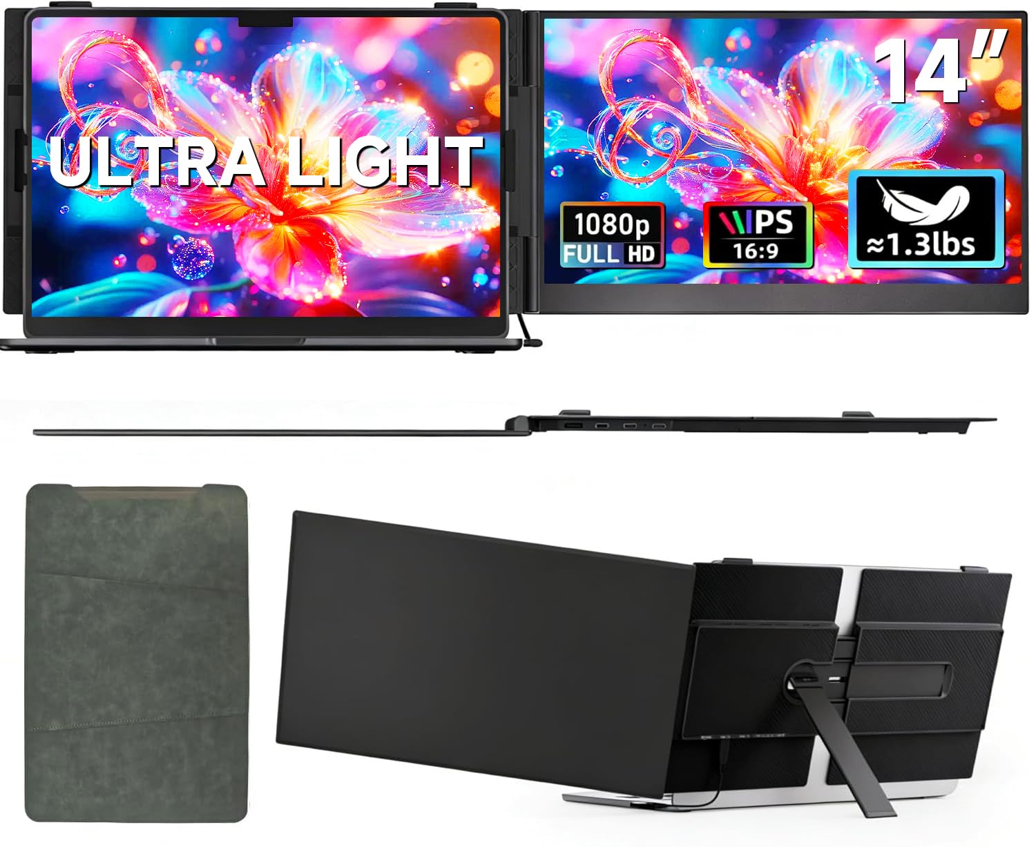 ROYY 14" Laptop Screen Extender, 0.19" Ultra-Thin Portable Monitor, FHD 1080P Dual Screen for 13-17" Laptops, Plug & Play USB-C/HDMI, Travel Monitor Compatible with Windows, Mac, Android, Switch, PS5