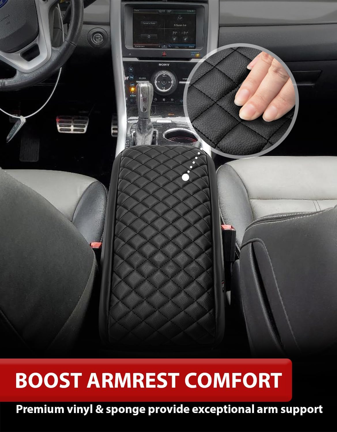 KBH Center Console Armrest Cover for Ford Edge 2011 2012 2013 2014, Durable Arm Rest Lid Cushion Pad, Vinyl Leather Trim, Anti-Scratch, Black