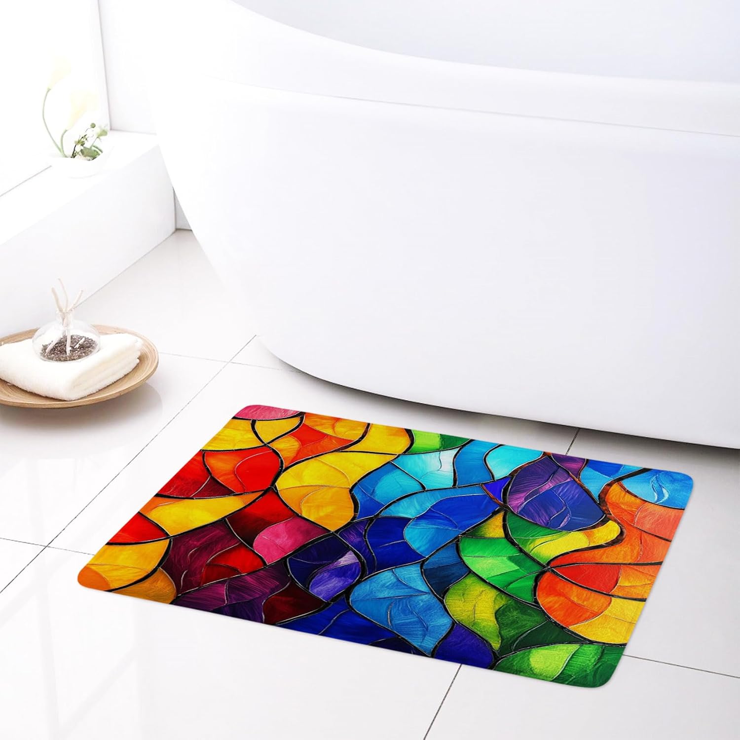 Colorful Stained Glass Shower Curtain Sets with Rugs, Red Yellow and Blue Rainbow Leaf Shower Curtain with Hooks, Vintage Stain Glass Bathroom Decorations, 70W X 70L inches