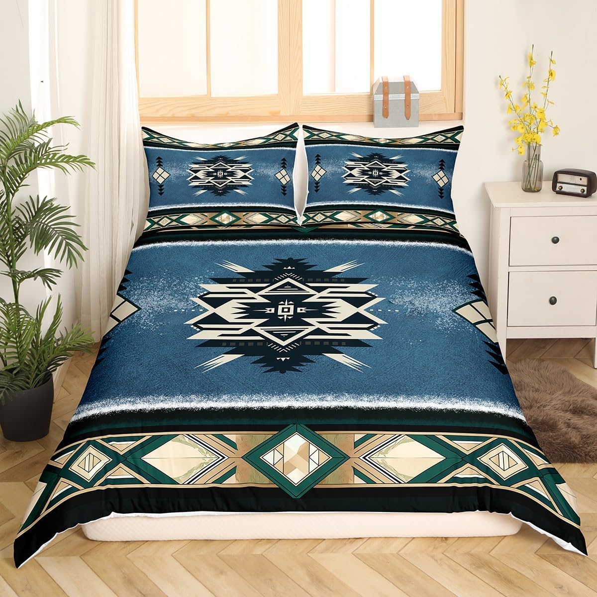 Manfei Aztec Duvet Cover Set King Size, Native American Bedding Set 3pcs for Kids Boys Girls, Retro Tribal Geometric Boho Comforter Cover Soft Polyester Quilt Cover with 2 Pillowcases,No Comforter