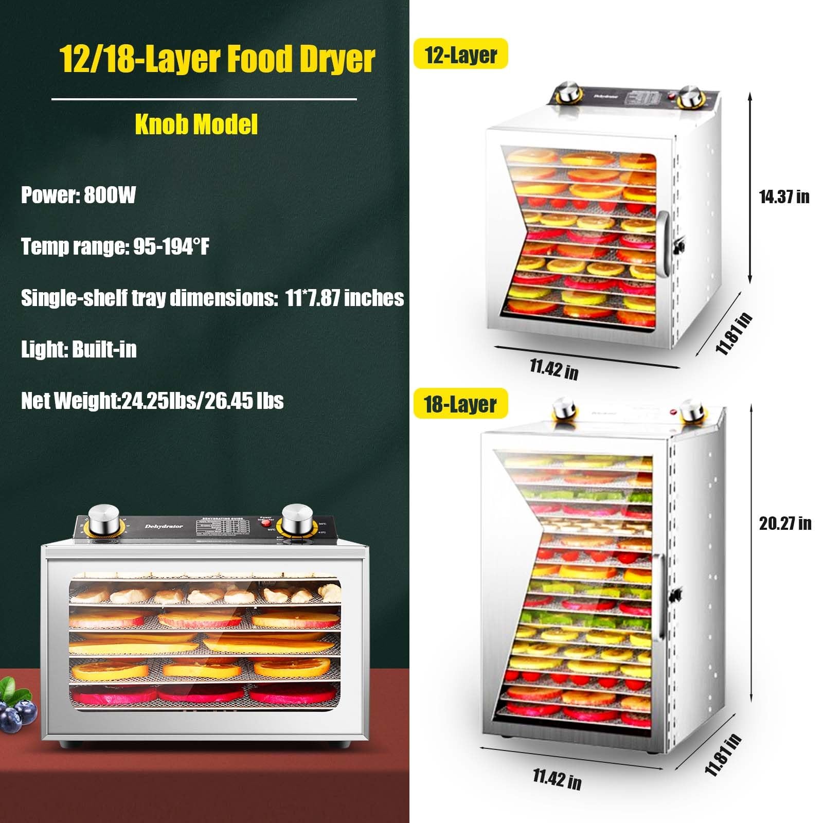 Essiccatore alimentare commerciale, essiccatore in acciaio inossidabile da 800 W, essiccazione efficiente e uniforme per carne secca, manzo, frutta, erbe aromatiche e snack, termostato e timer regol