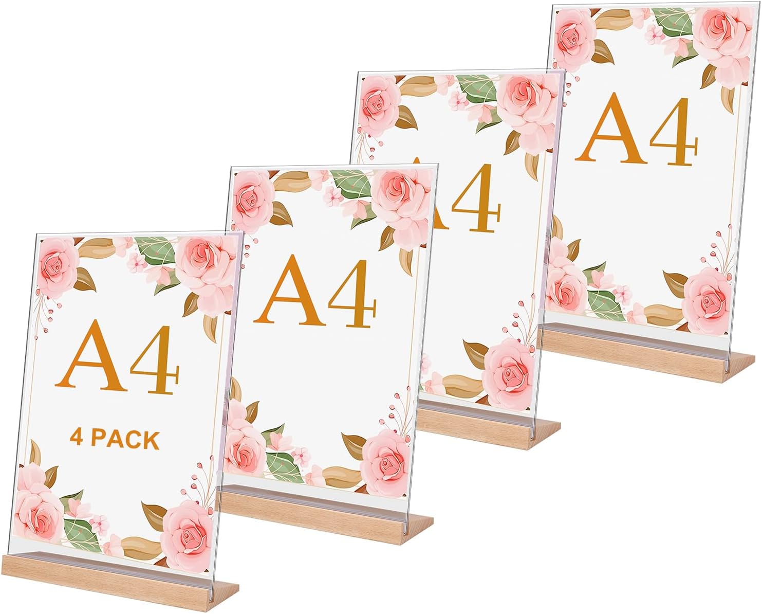 ZYNERY Pack of 4 Acrylic Stands A4, Table Stands A4 with Wooden Base ...