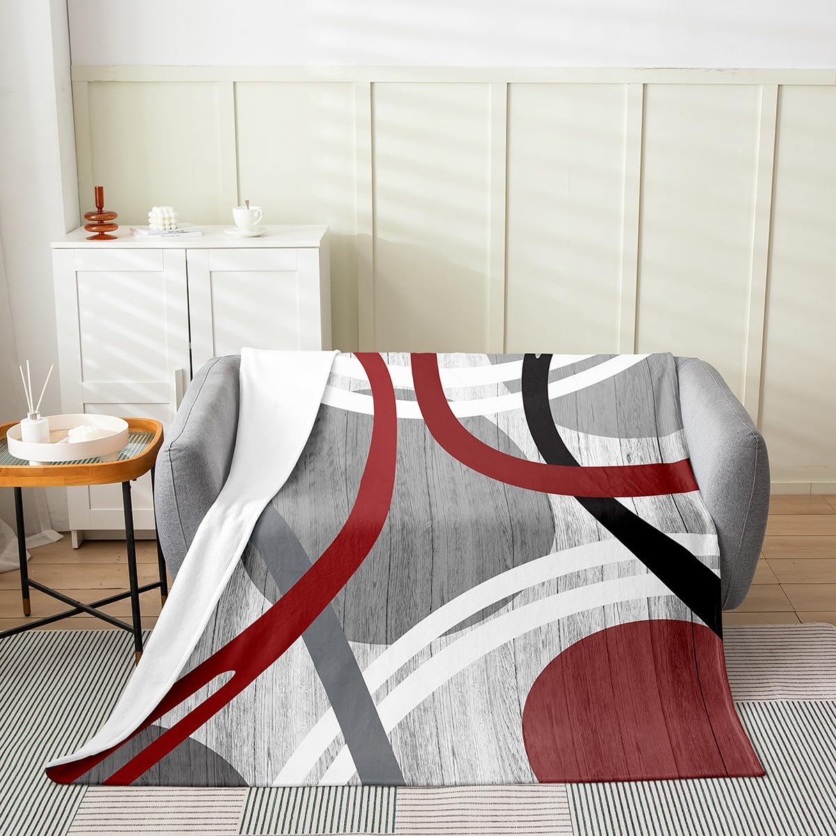 Red Grey and Black Flannel Fleece Throw Blanket for Sofa Single 50x60 Inch Geometric Stripe Swirl Bed Blanket Modern Wavy Circles Fuzzy Blanket Retro Stripe Swirl Plush Blanket