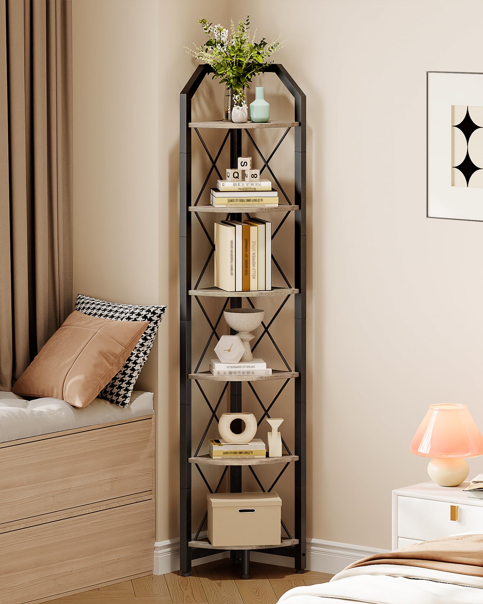 CHOEZON 6-Tier Corner Shelf, Industrial Corner Bookshelf, 71.2" Corner Storage Stand, Plant Stand Display Shelf, Corner Bookcase for Bedroom, Living Room, Home Office, Greige and Black TCJ11BG