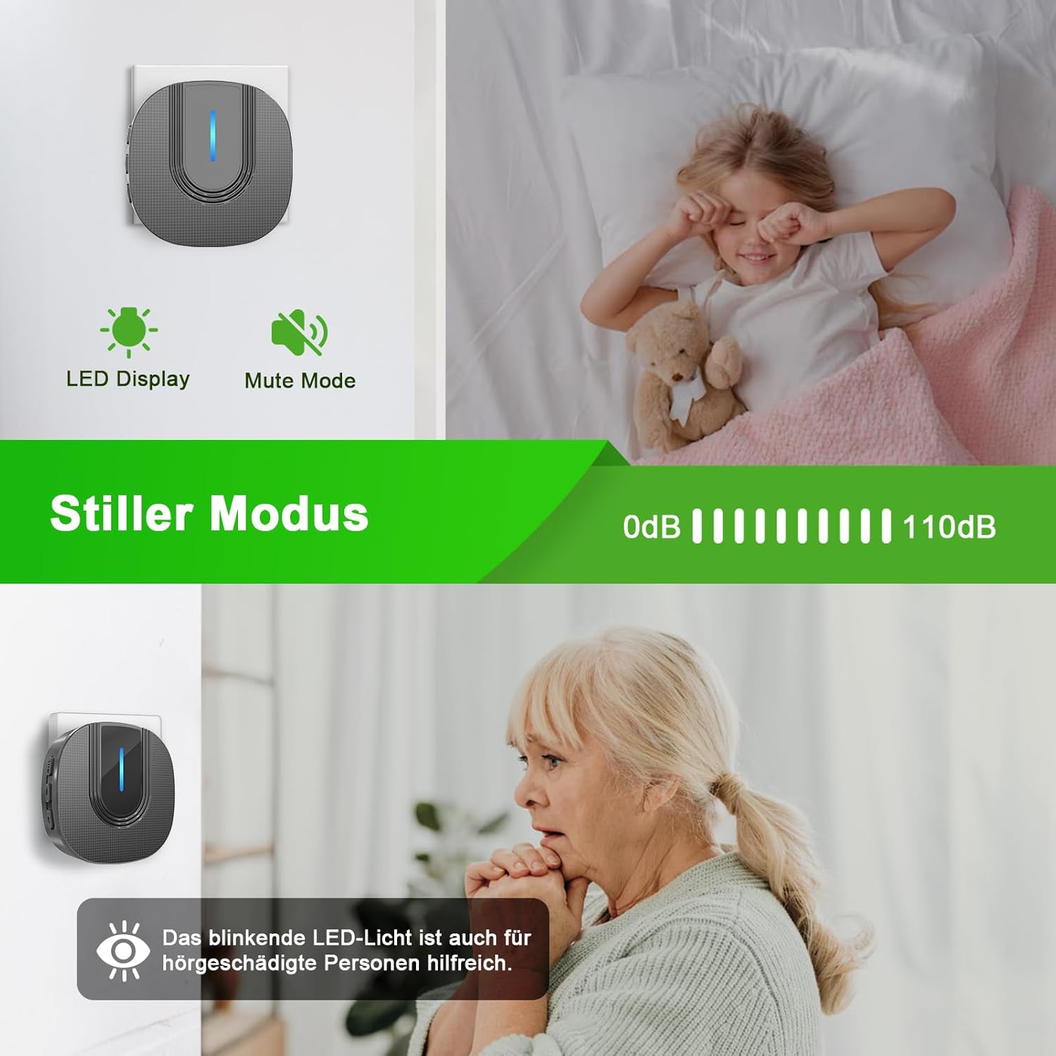 SURFOU Wireless Doorbell receiver in mute mode with LED display, and an elderly person benefiting from the visual alert