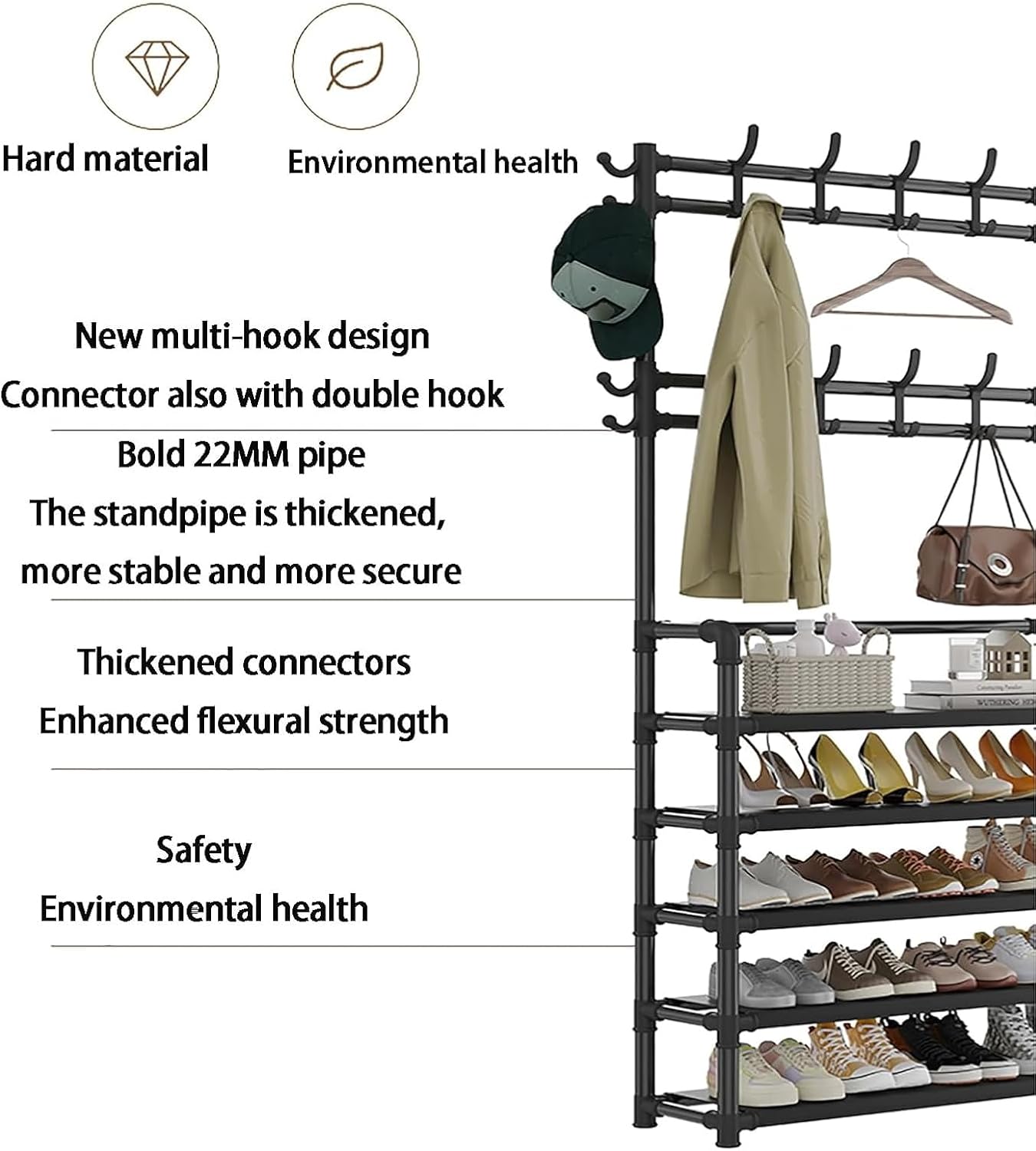 Floor-Standing Solid Wood Rotating Coat Rack，5-Tier Metal Coat & Shoe Rack Hall Tree with 16 Hooks & Umbrella Stand - Entryway Organizer for Clothes, Shoes, Hats & Bags - Space-Saving Storag