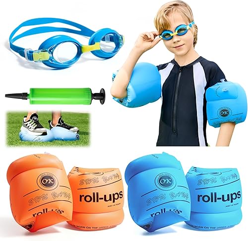 Flotadores de brazo para niños, flotadores de entrenamiento de natación y gafas de natación para niños con antivaho y anti-UV (paquete de 4),