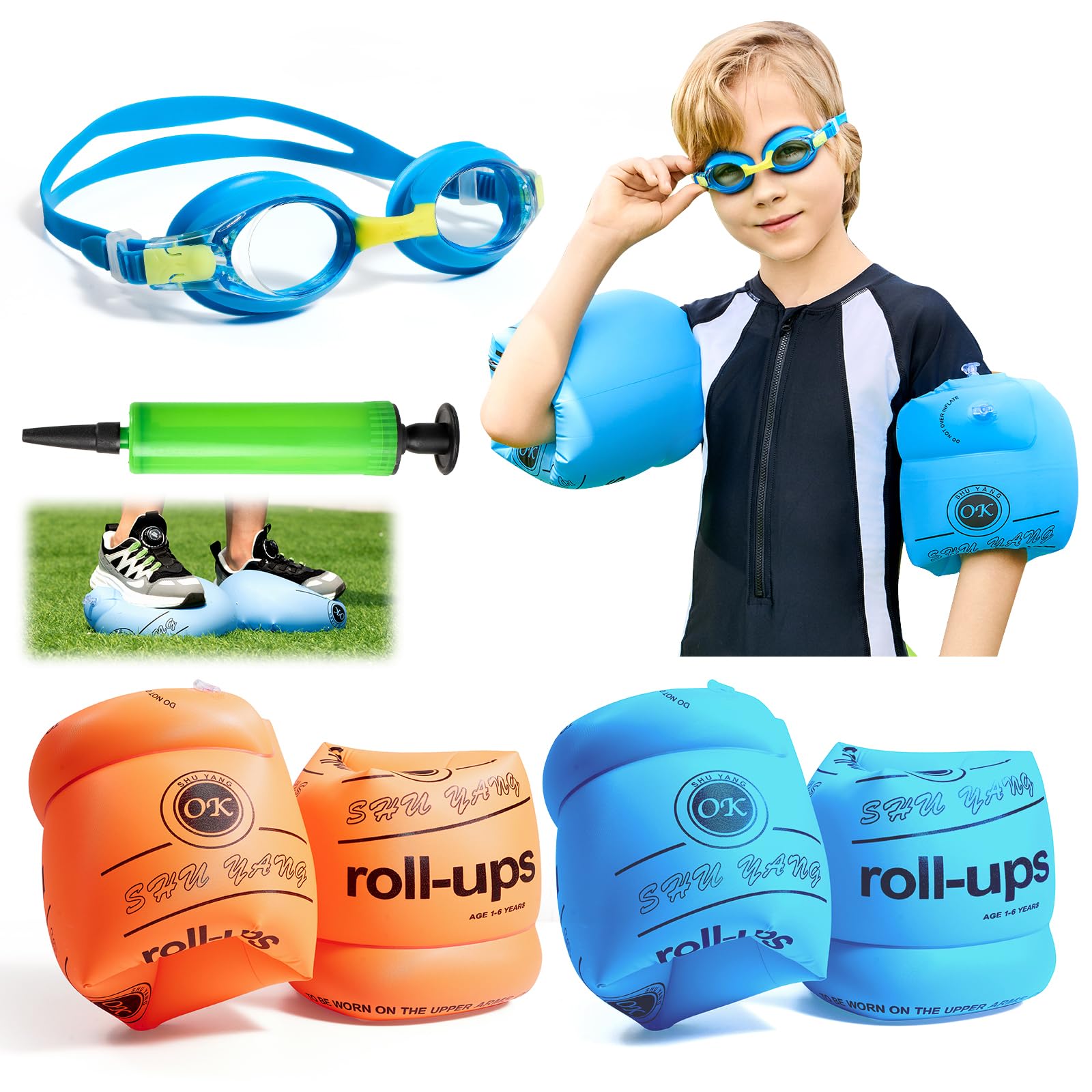Arm Floaties for Kids,Swim Trainer Floaties and Kid's Swimming Goggles with Anti-Fog and Anti-UV(4 Pack),PVC Arm Floaties Inflatable Swim Arm Bands Floater Sleeves Children's Swimming Ring