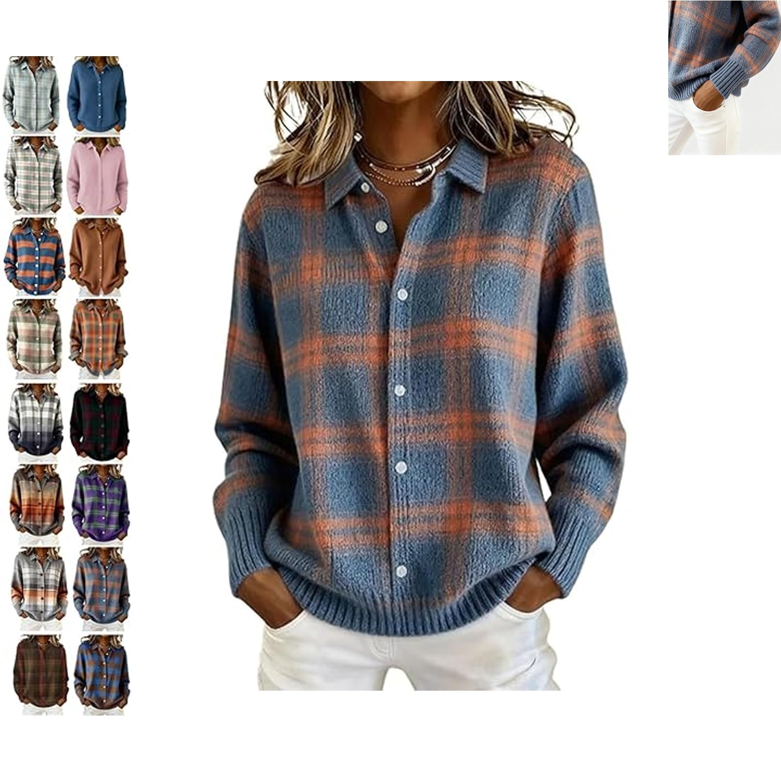Womens Plaid Print Casual Cotton Buttoned Cardigan Sweater Knitted Winter Plaid Cropped Cardigan Sweater