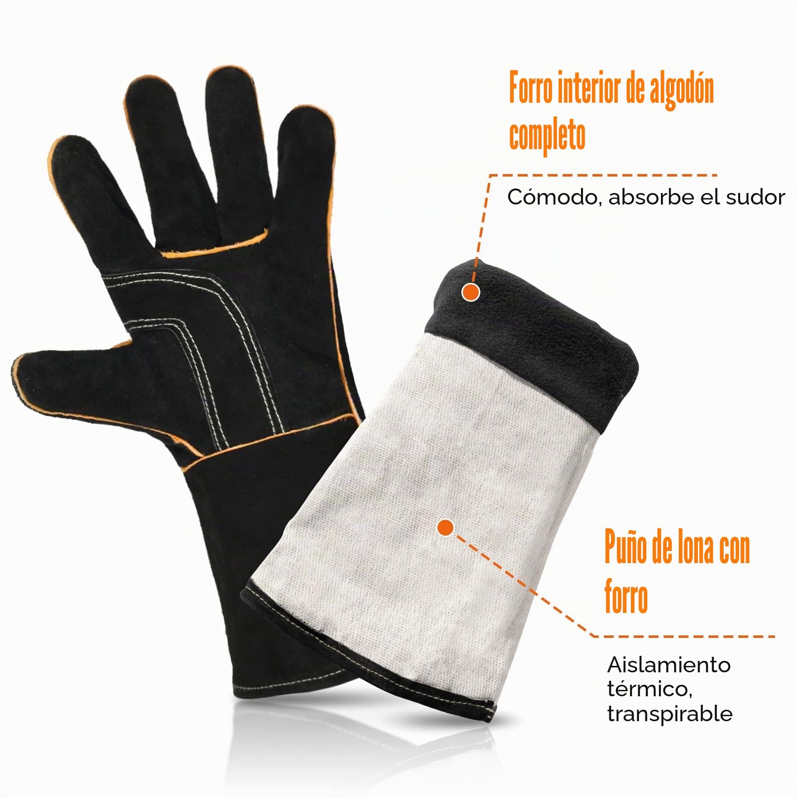 LeaSeek Guantes de Soldadura,Guantes de cuero resistentes para barbacoas (parrillas), soldadura y chimeneas. Resistentes al calor e ignífugos (14-inch, Negro)
