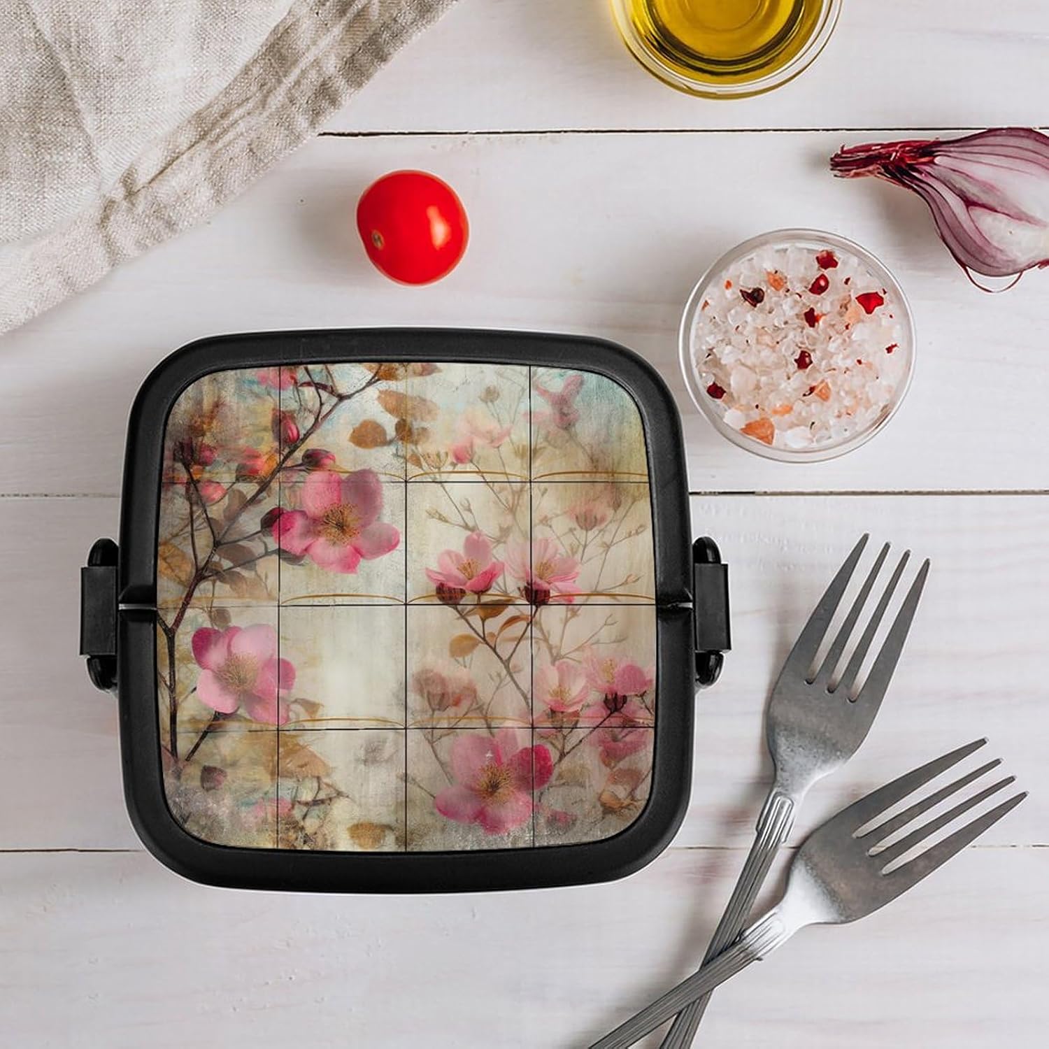 Bento Box Adult Lunch Box Double Insulated Boxes Reusable Bento Lunch Box Branch with Flowers Leak-Proof Lunchbox for Dining Out Work Picnic, ZDG54D12GSG