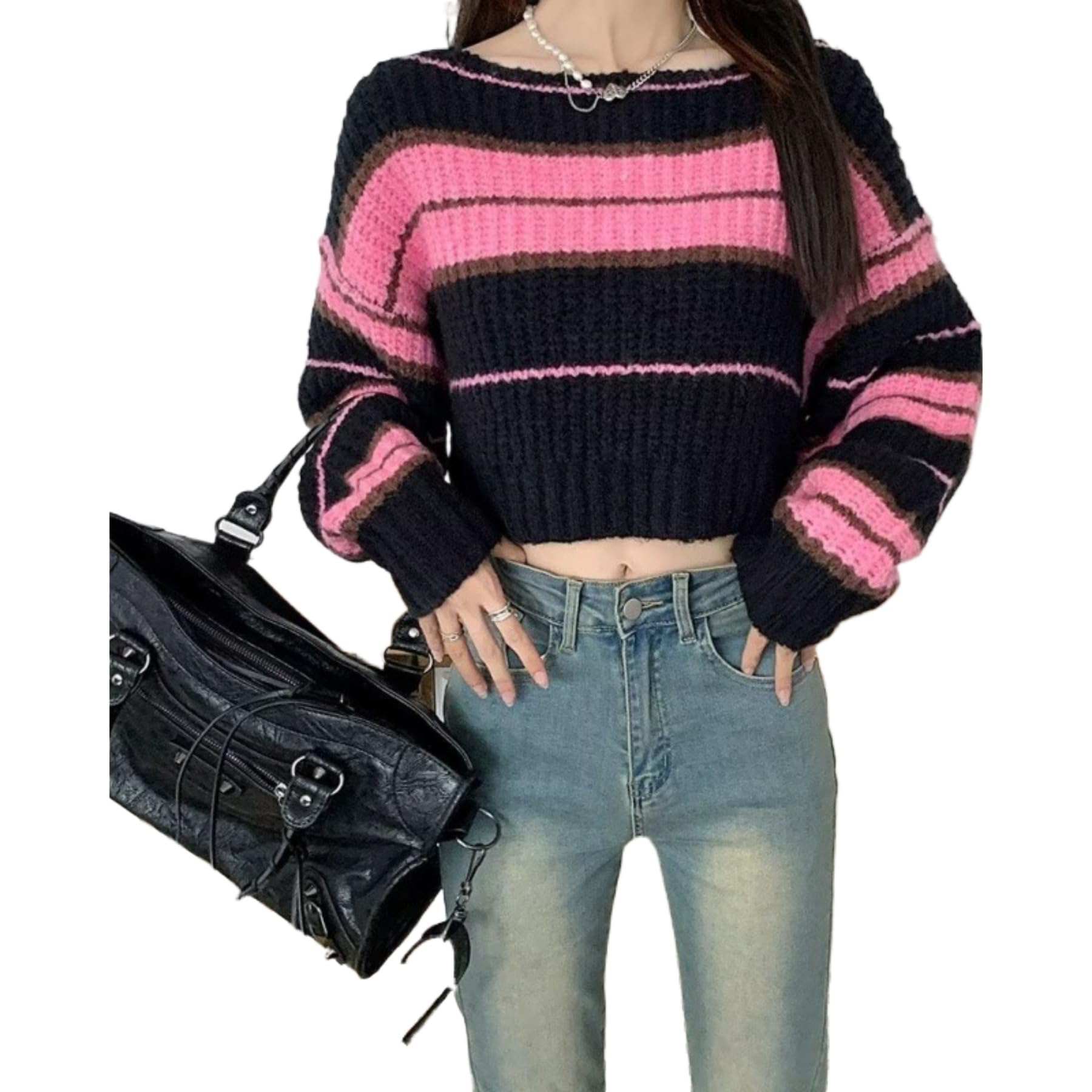 Pink Stripes Crop Sweater Y2k Colorful Oversized Crew Neck Pullover Winter Long Sleeve Knitwear