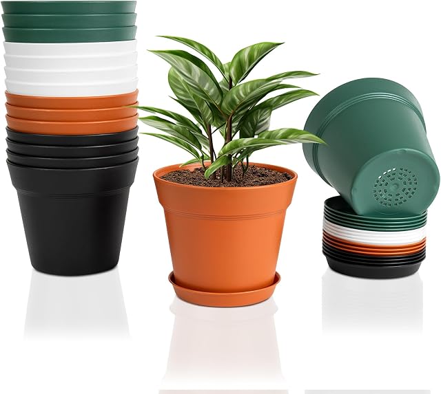 FORAGIFT 15cm Plant Pots, 16 Pack Plastic Herb Pot with Drainage Hole and Tray, Seed Seedling Pots Flower Nursery Pots for Vegetables, Flowers, Cactus, Cuttings, Succulent, Colourful