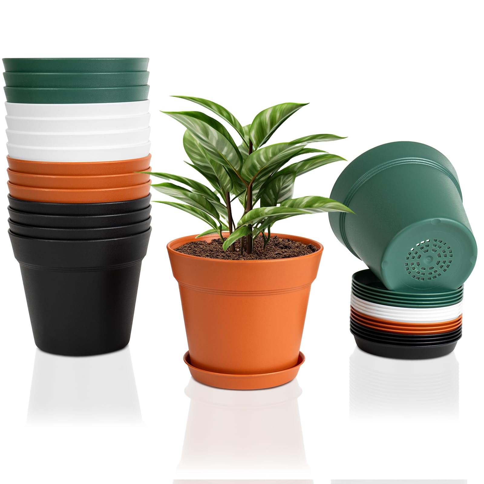 FORAGIFT 15cm Plant Pots, 16 Pack Plastic Herb Pot with Drainage Hole and Tray