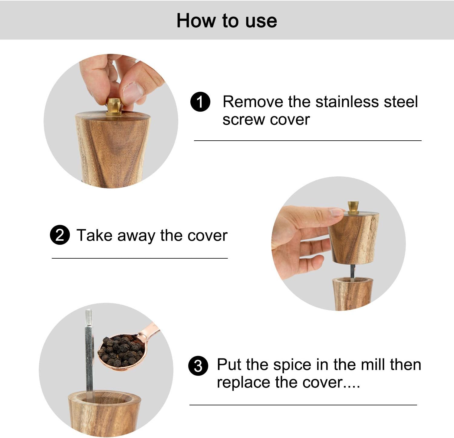 Wooden Pepper Grinder, Pepper Mill with Adjustable Coarseness, Acacia Wood Refillable Salt and Pepper Shaker Manual Grinder 10 Inch