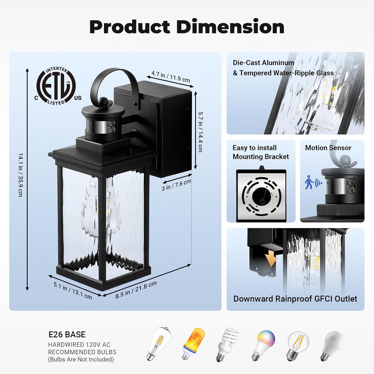 Outdoor Porch Light with GFCI Outlet, Black Motion Sensor Exterior Lighting Fixtures Wall Mount for House with Water Ripple Glass, Anti-Rust Waterproof Outdoor Wall Sconce Lantern for Garage