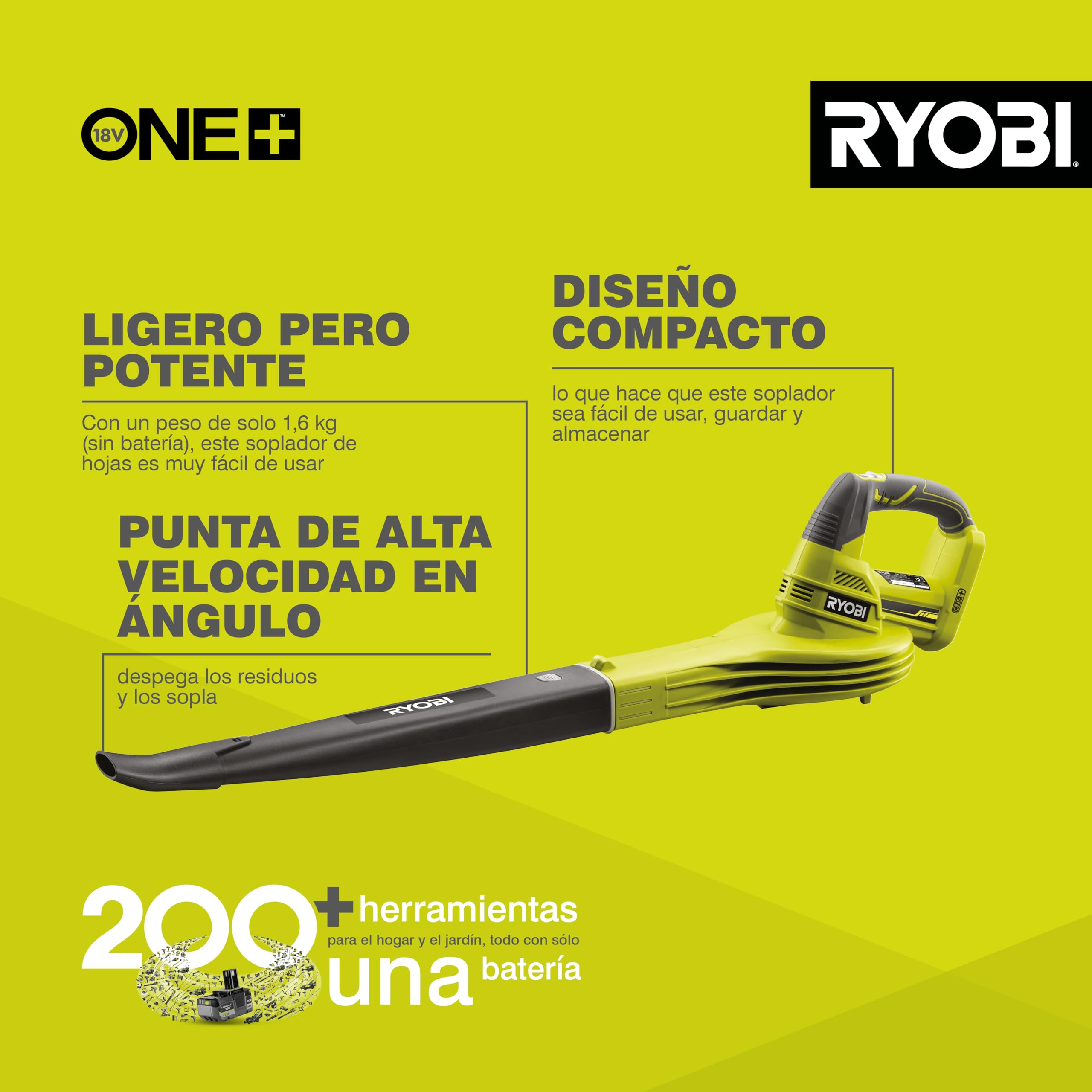 RYOBI Soplador Inalámbrico 18V One+ 245 km/h – Limpieza de Jardines, Terrazas y Caminos – (Sin batería ni Cargador)