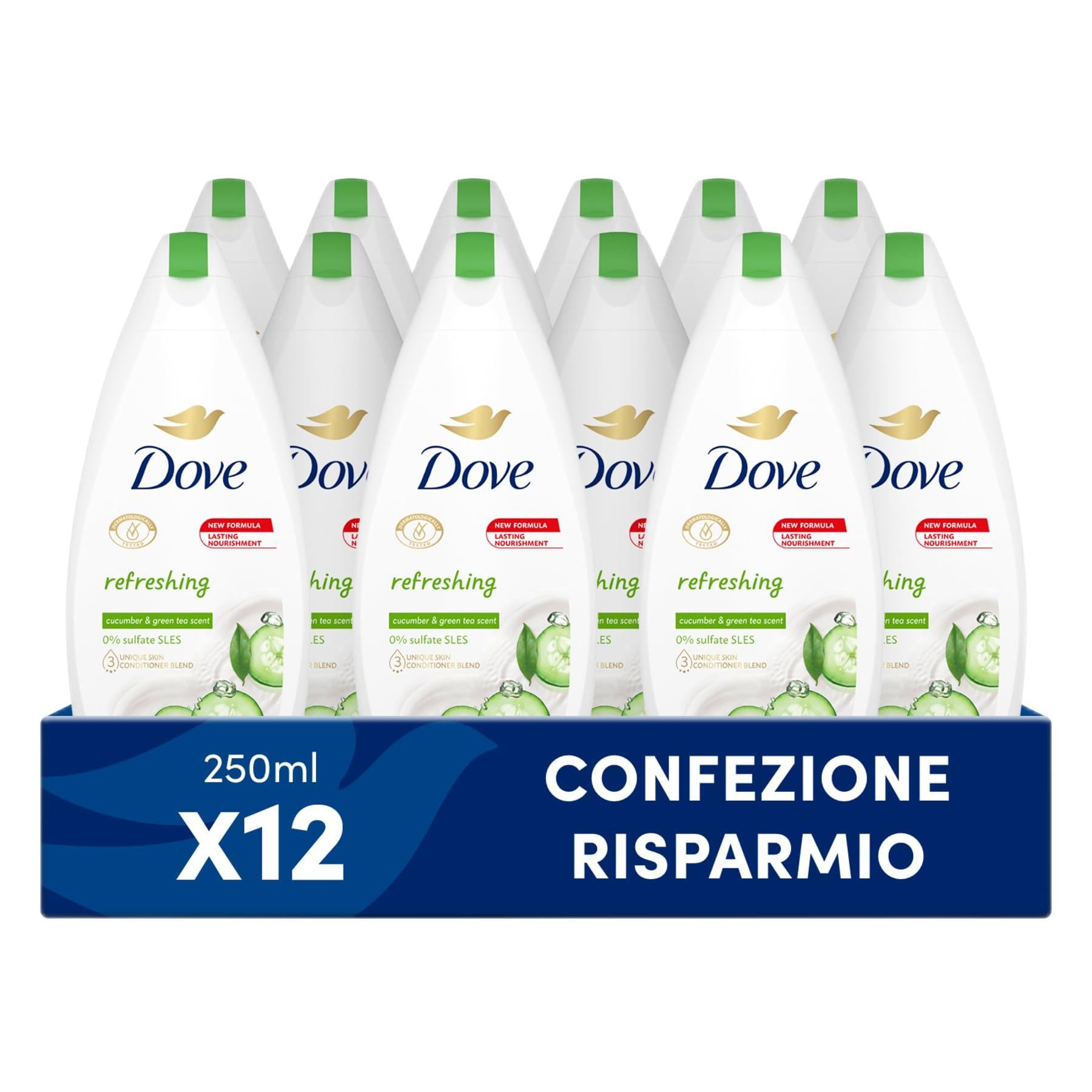 Dove Doccia Refreshing al Cetriolo e Tè Verde, Bagnodoccia Idratante, Formula Delicata sul Microbioma della Pelle, al 92%* Biodegradabile, Bagnodoccia Uomo e Donna, 12 Pezzi da 250 ml