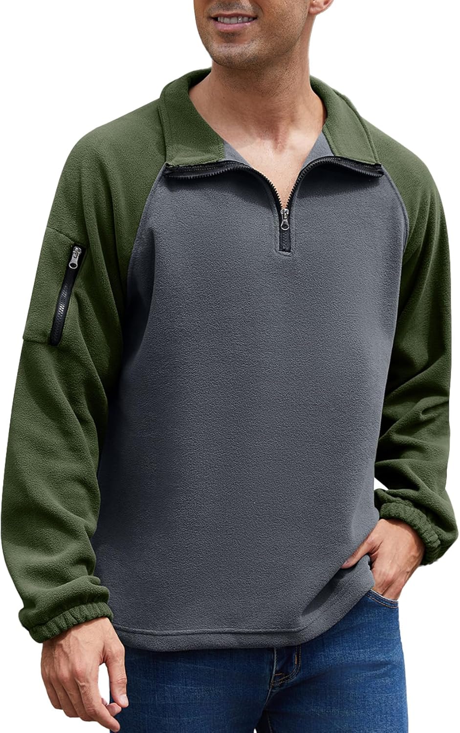 COZYPOIN Men's Quarter Zip Fleece Pullover Sweatshirt Raglan Sleeve Half Zip Mock Neck Warm Colorblock Polo Sweater