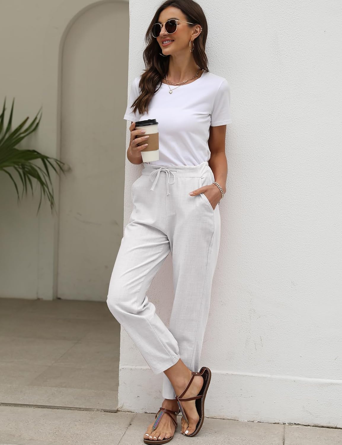 Gihuo Women's Tapered Linen Pants Casual Straight Leg Drawstring Elastic Waist Loose Comfy Joggers Trousers with Pockets - Image 4