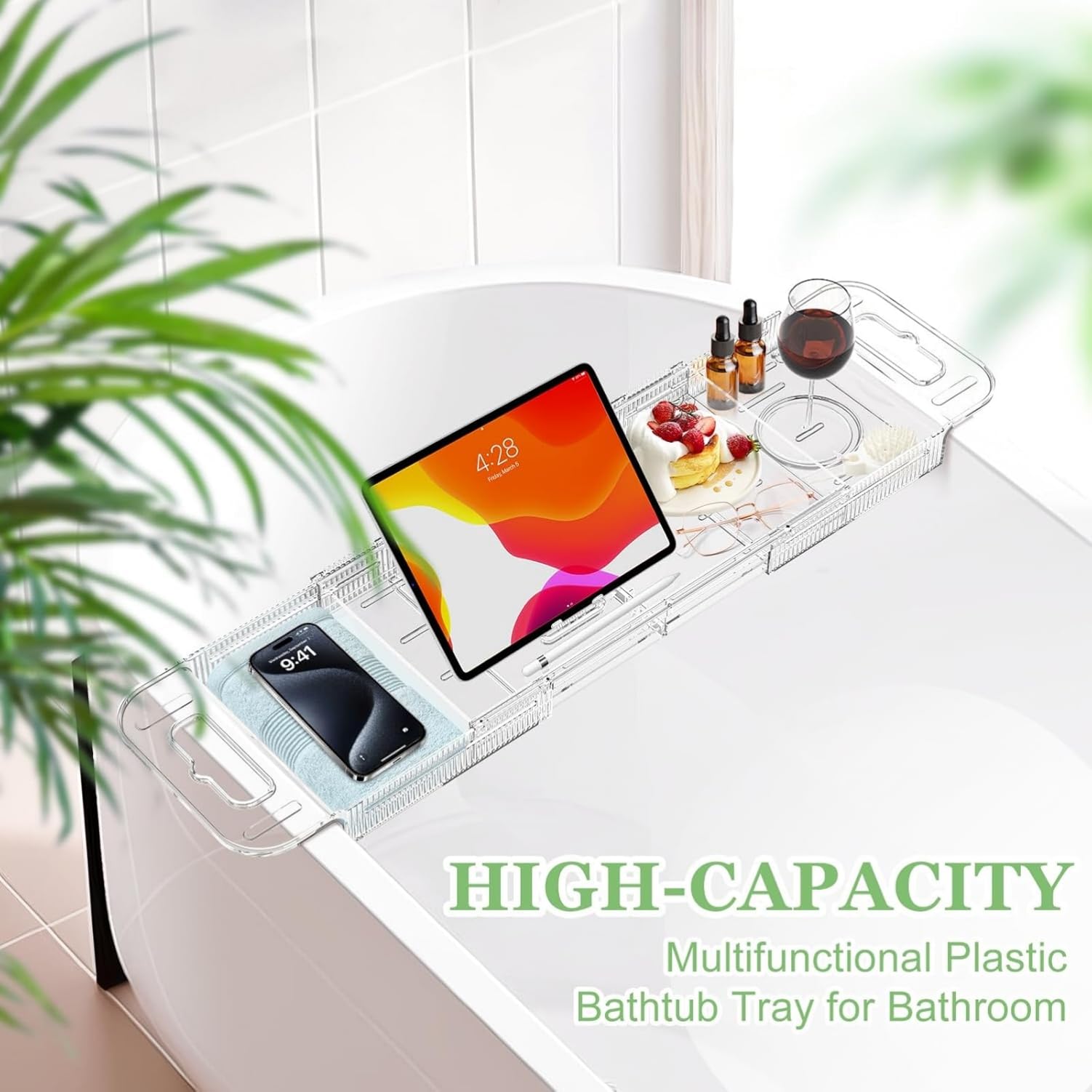 Plateau de baignoire en acrylique extensible pour iPad et livres, étagère de baignoire, cadeau pour femme, accessoire de baignoire transparent