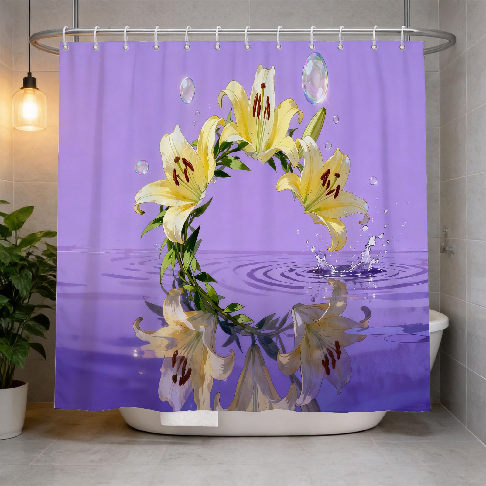 Hongduo 3D Lily Shower Curtain for Stalls Bathtubs Cartoon Bathroom Decor Shower Curtain Set Polyester Fabric Waterproof 200x200cm/79X79 Inch with Hooks