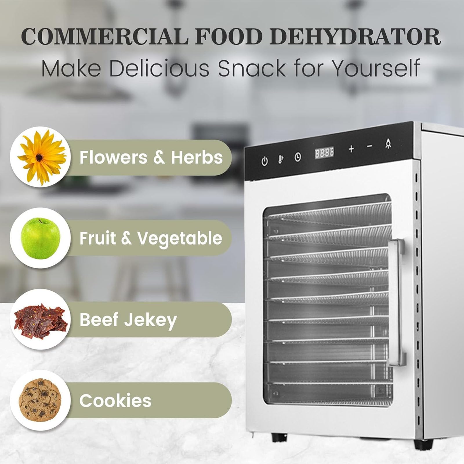 Essiccatore per Alimenti, essiccatore a 10 vassoi in Acciaio Inossidabile per Alimenti e Carne secca, Erbe, Frutta, Macchina essiccata con Timer Digitale e Controllo della Temperatura