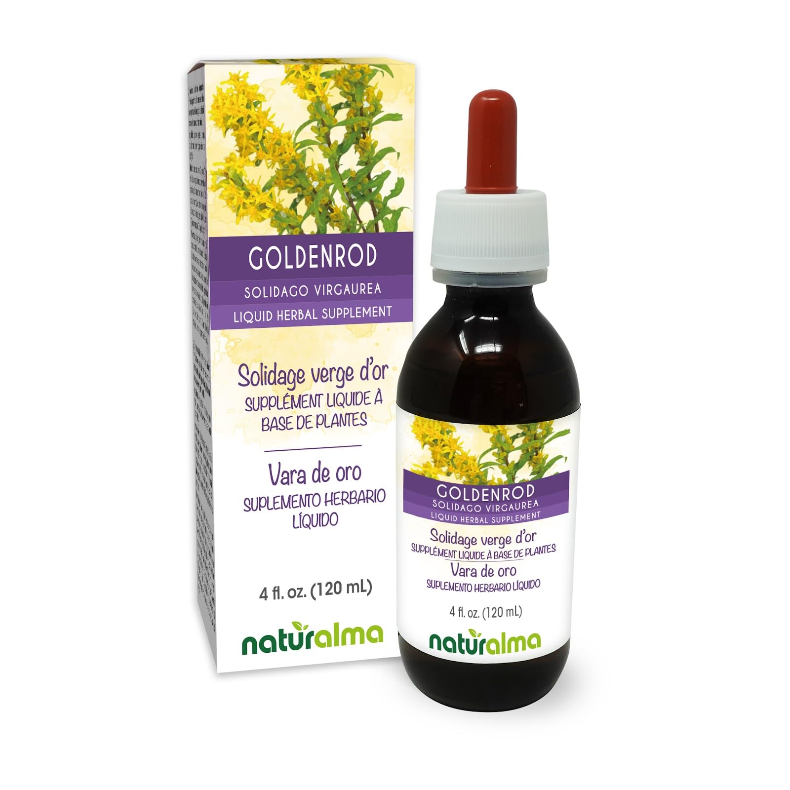 Naturalma Goldenrod (Solidago virgaurea) herb with Flowers Alcohol-Free Tincture - 4 fl oz Liquid Extract in Drops - Herbal Supplement - Vegan 4 Fl Oz (Pack of 1)