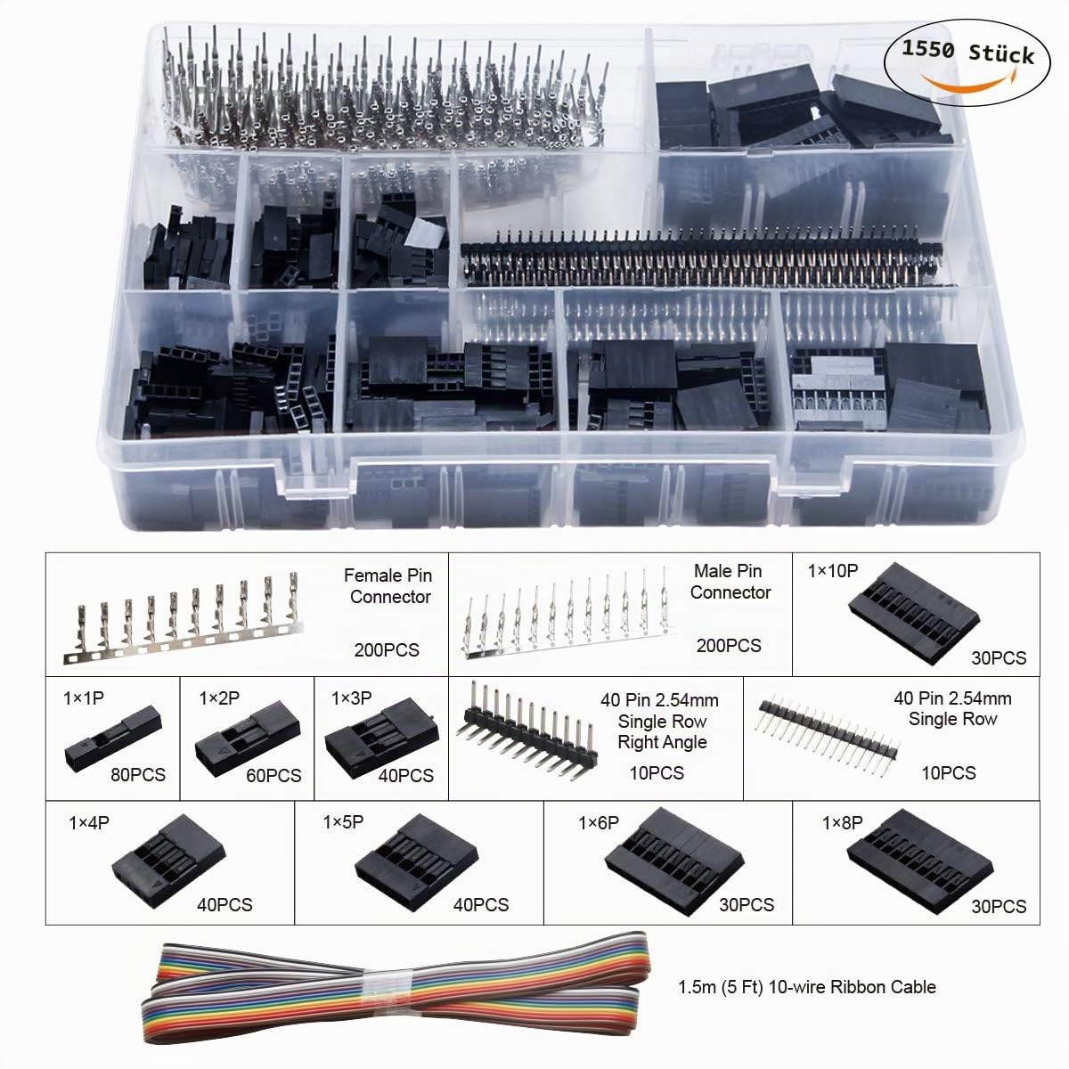 Crimpzange Dupont Stecker Set - Preciva 1550 pcs 2,54 mm Steckverbinder und Crimp Pins, 460 pcs 2,54 mm JST-XH JST Crimpkontakten und Buchsengehäuse, für 0,1-1 mm² (0,1-1 mm² Set)