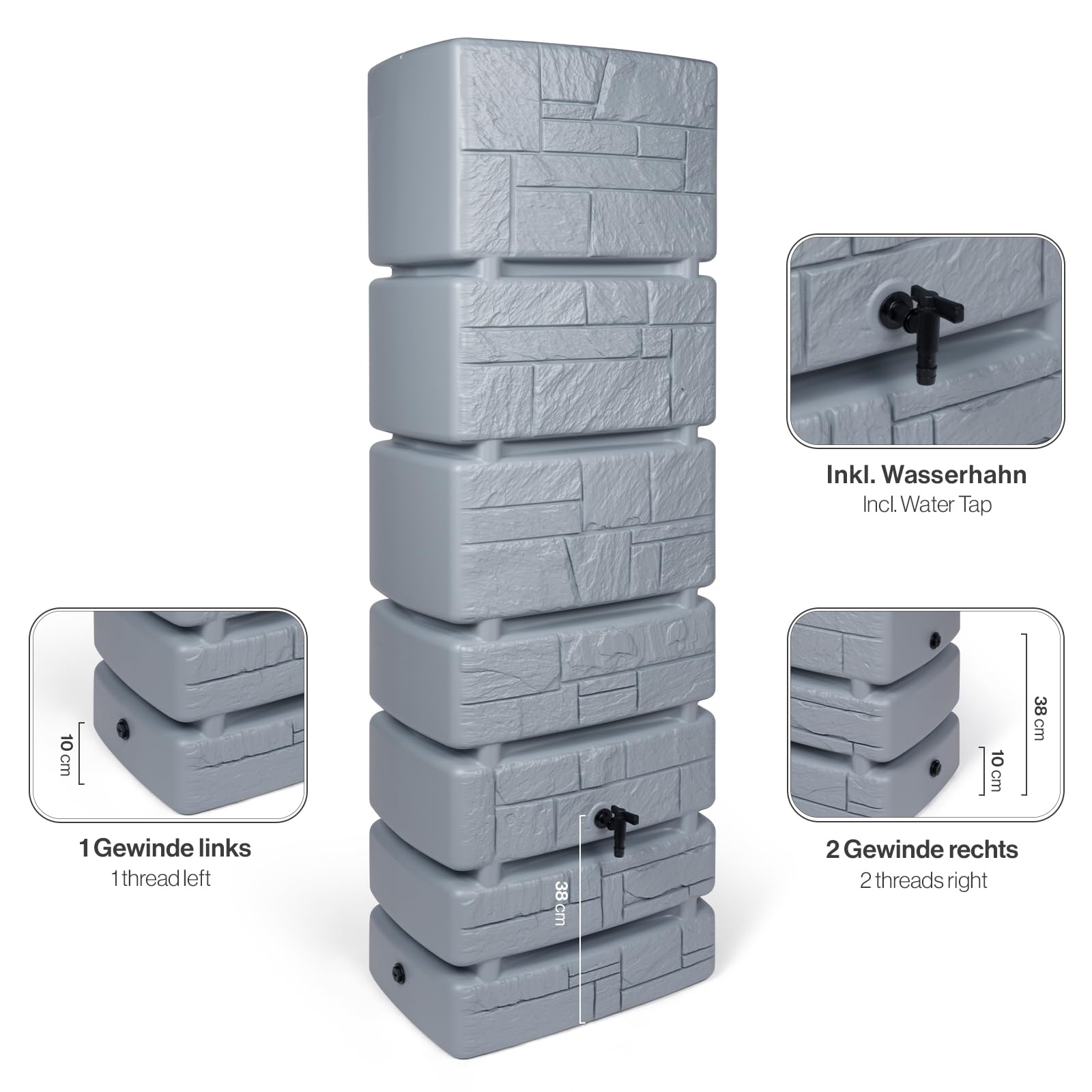 Kreher Boccetta XXL Tower Stone con rubinetto. Grande effetto pietra antracite o grigio, capacità di utilizzo 350 litri. Dimensioni (LxPxA): 57,5 x 38,4 x 180 cm (grigio)