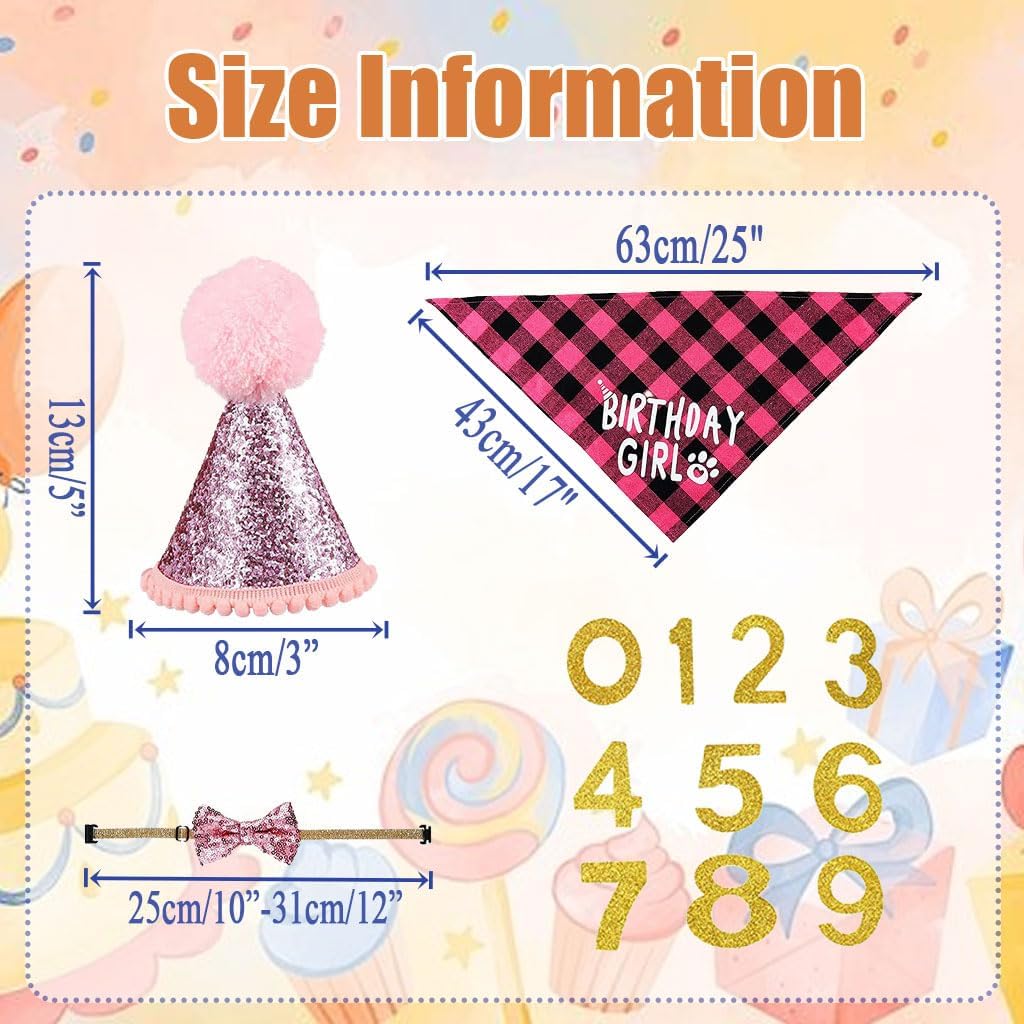 Dog Birthday Party Supplies, Dog Birthday Bandana and Party Hat Set with Numbers Bow Tie Collar for Small Medium Large Pet,Pink, L