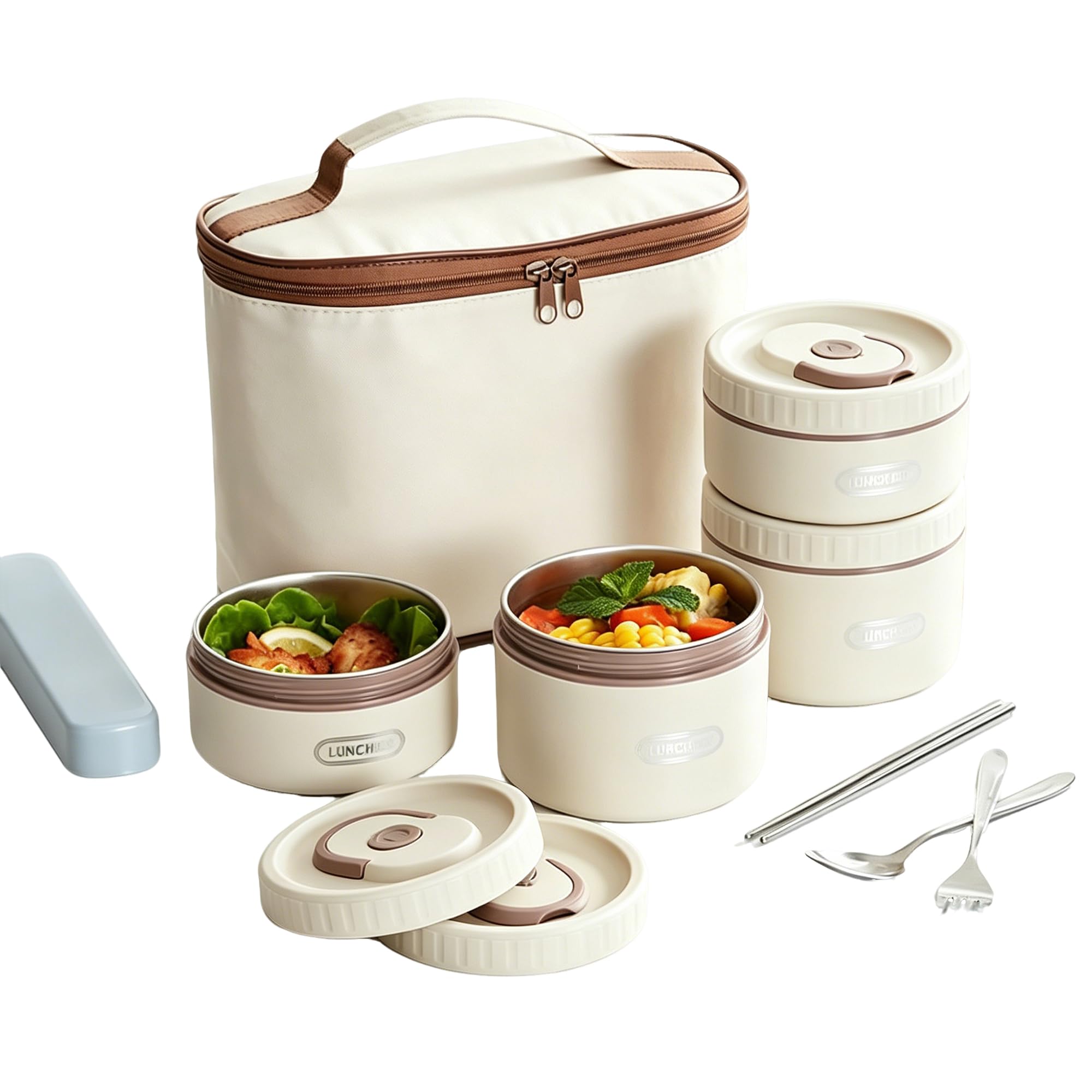 Thermobehälter Für Essen mit Gabel Löffel, Thermo-Lunchbox aus Edelstahl Mit Tasche, Tragbare Thermoschüssel mit Deckel, Essen Warmhalten Behälter für Zuhause, Büro,Beige-4 pcs