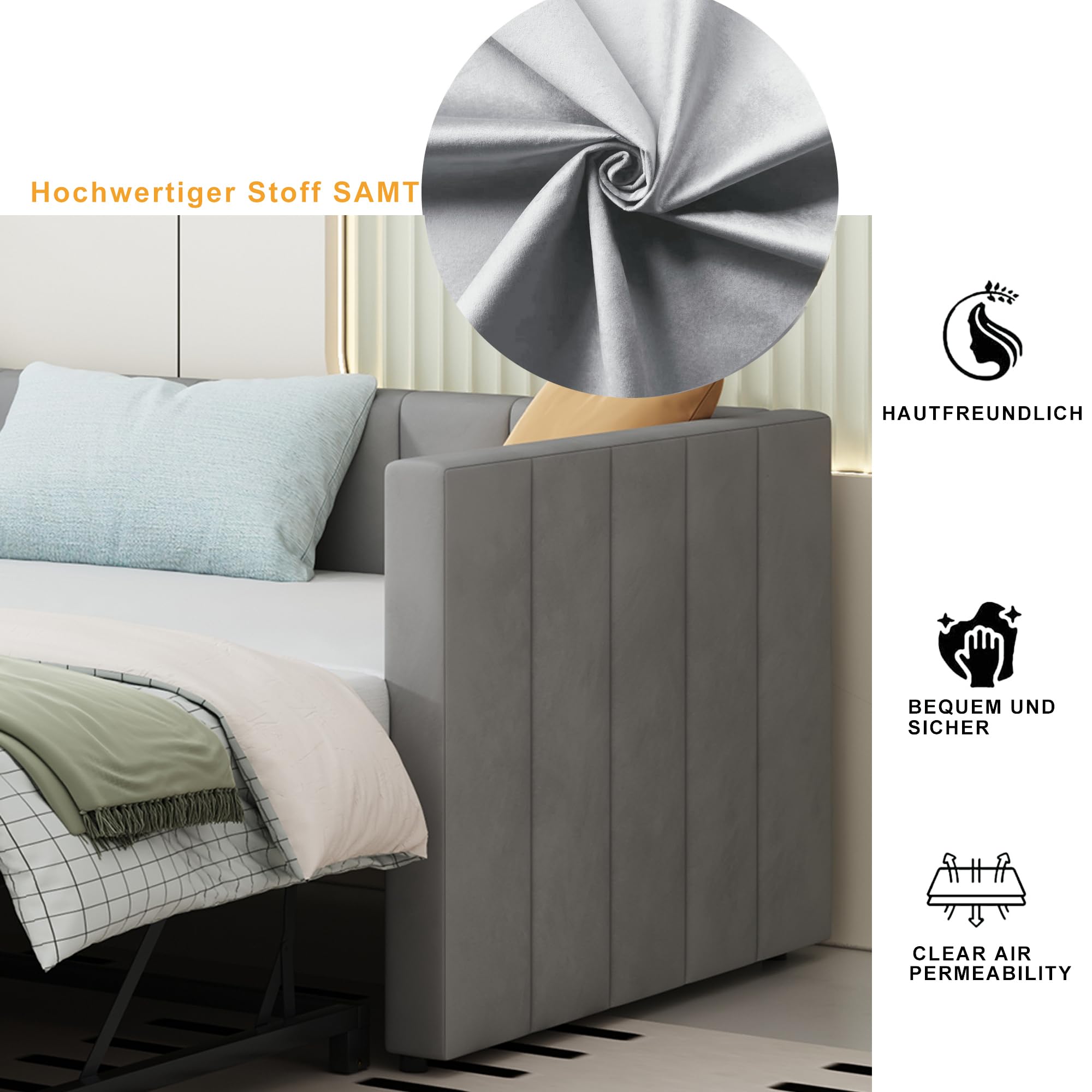 Soweiz Gestoffeerd bed, uittrekbare slaapbank, 90/180 x 200 cm, met lattenbodem, multifunctioneel bed van huidvriendelijk fluweel, grijs