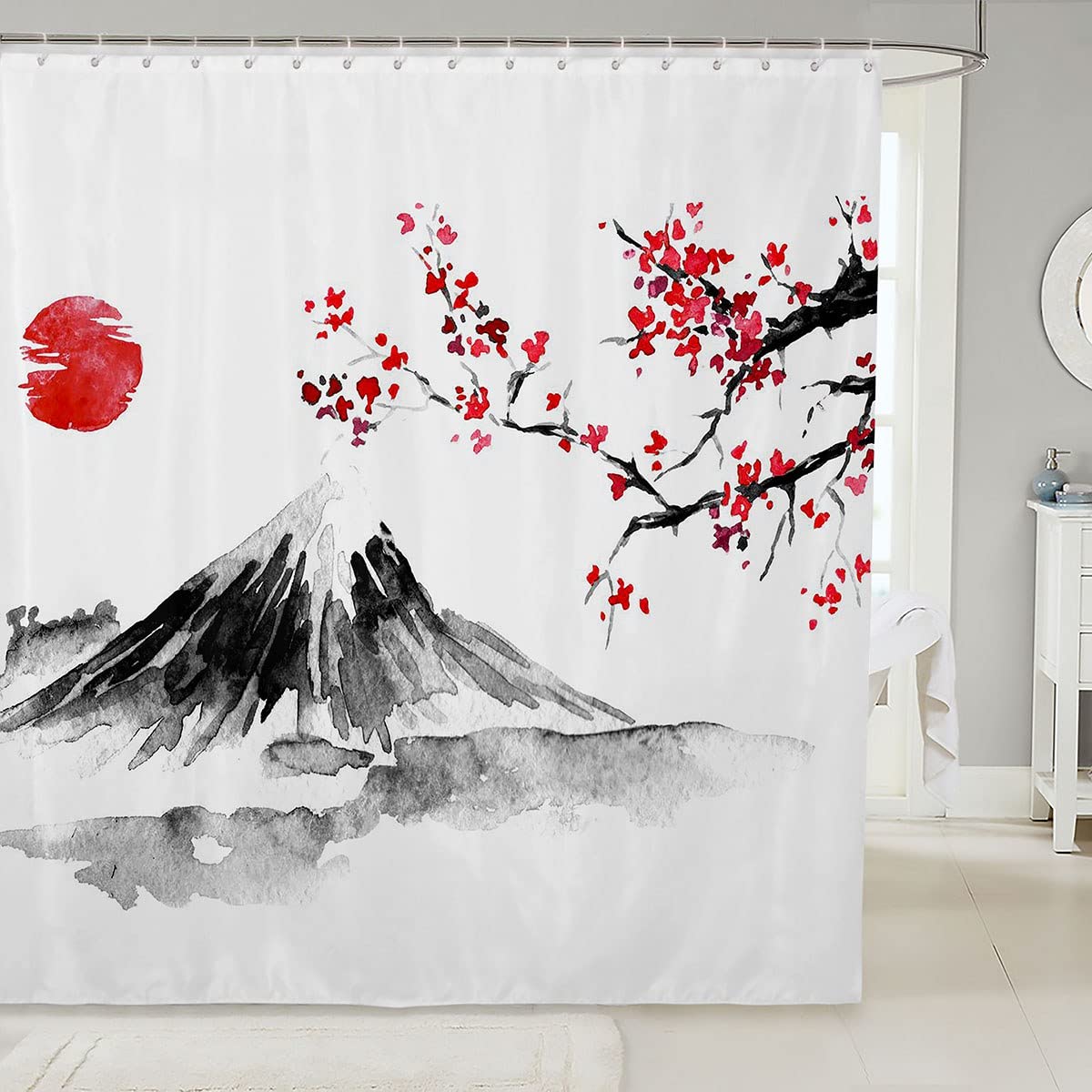 Homemissing Boys Multicolored 22 Japanese Mount Fuji Sakura Fabric Shower Curtains Japanese Ukiyoe Shower Curtain Sun Cherry Blossoms Bathroom Waterproof With 12 Hooks Watercolor,72X78 Inch