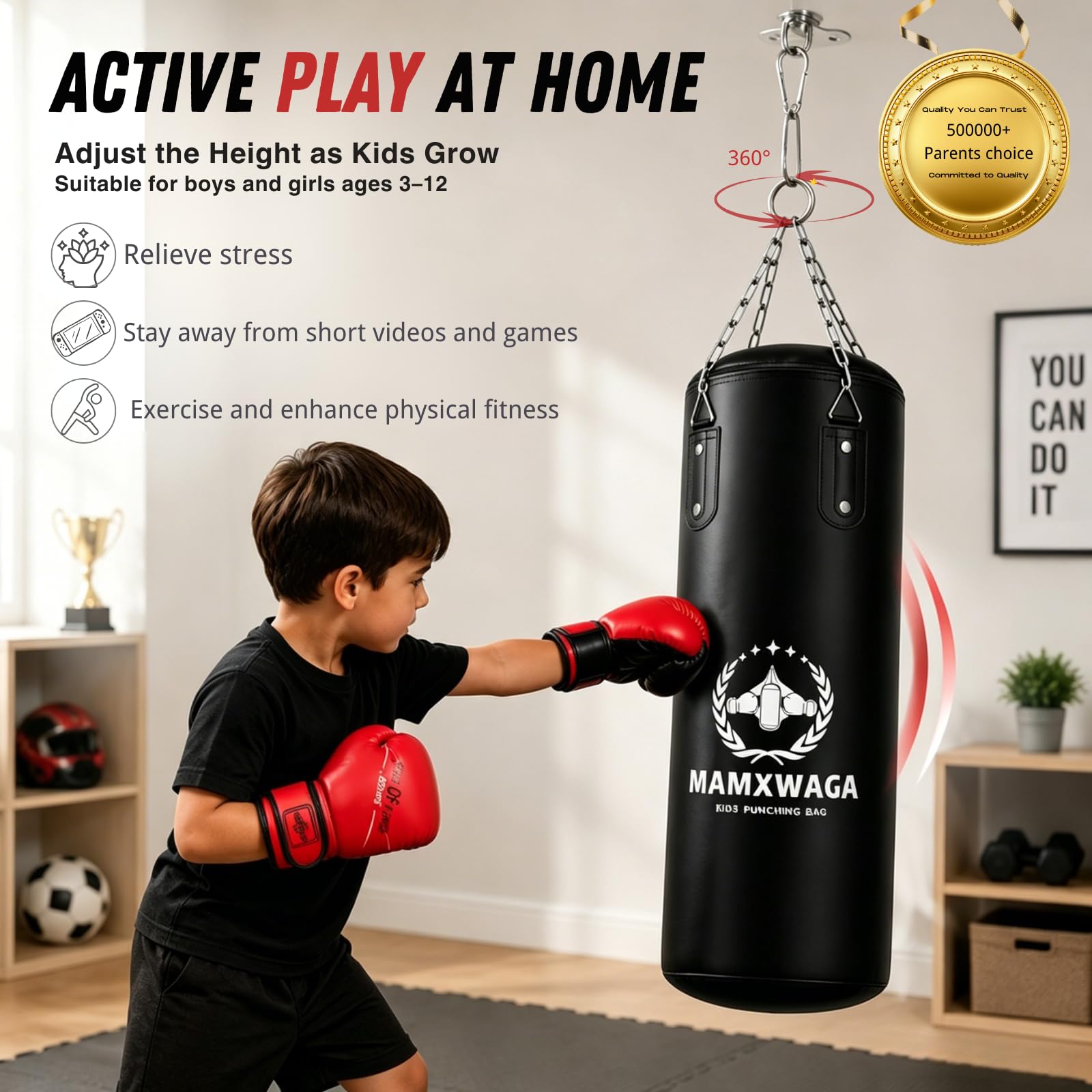 Enfants Sac de Frappe Suspendu Non-Rempli, 2 FT Lourd Sac de Boxe avec Gants de Boxe 6oz, Set de Boxing du Junior pour 3-12 Ans