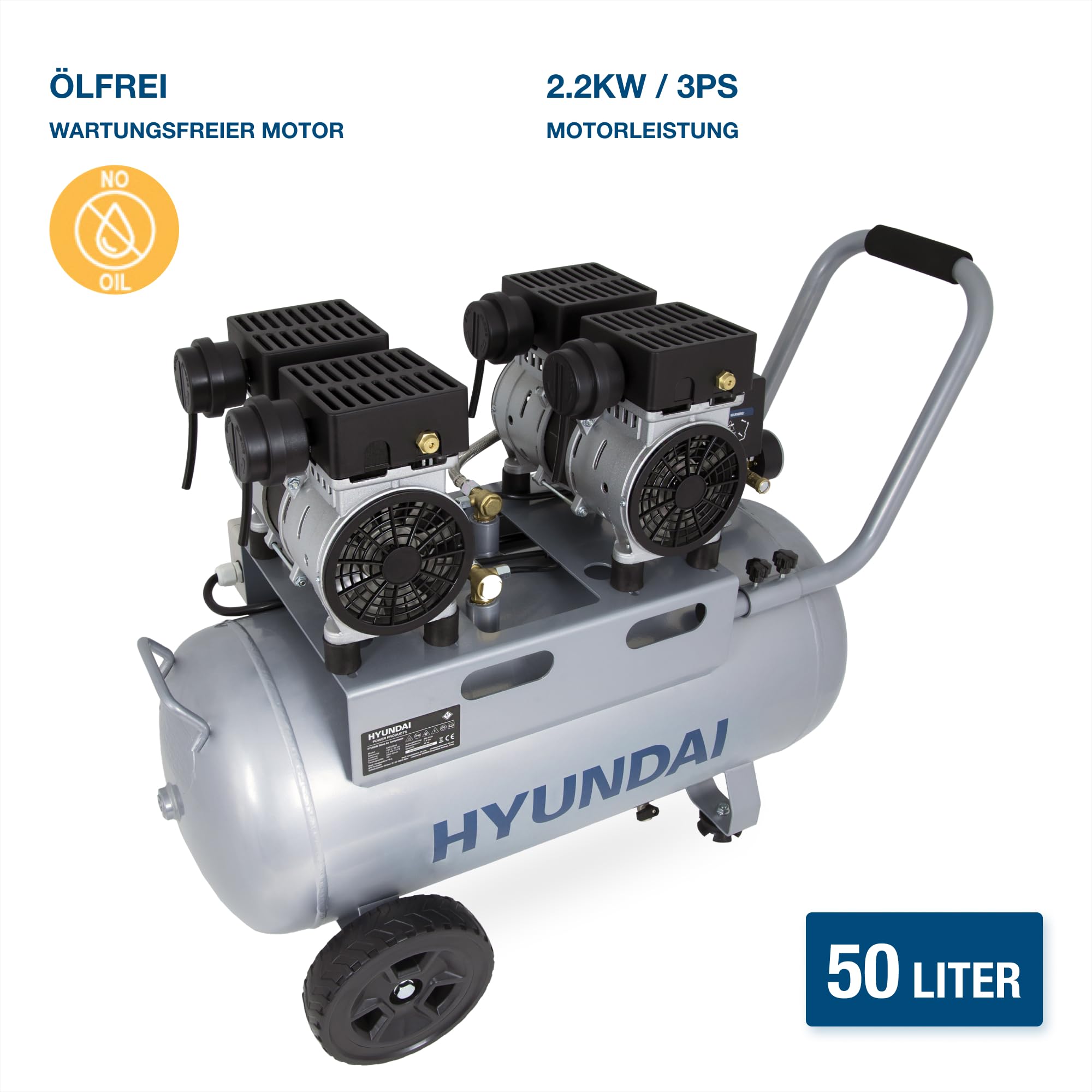 HYUNDAI Silent Kompressor SAC22050 | 50L Kessel | 2.2kW (3PS), 9bar | 384 L/Min Ansaugleistung | Luftkompressor leise, ölfrei | 1 Anschluss | geräuscharmer Flüsterkompressor | mit Zubehör
