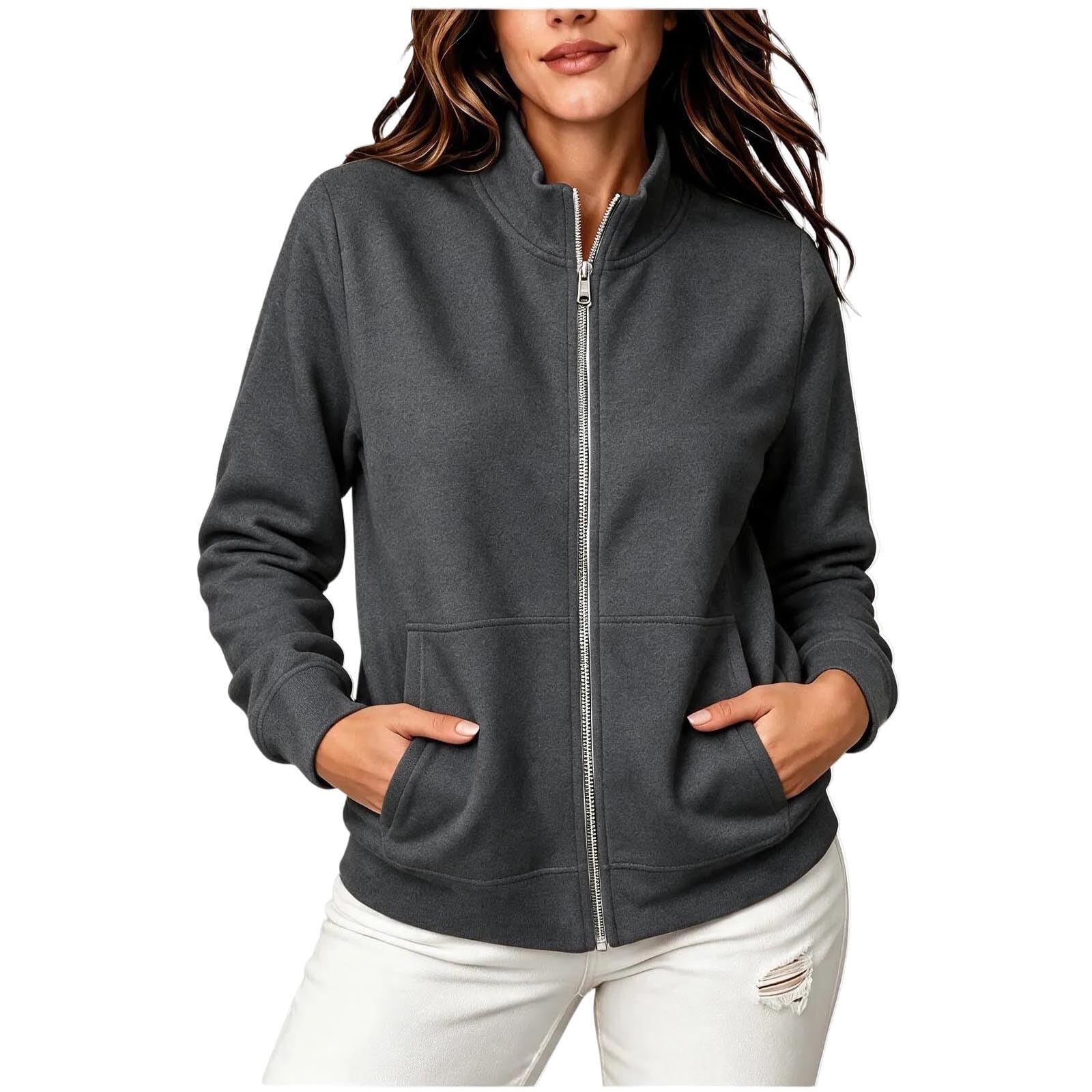 Sweatjacke Damen Ohne Kapuze Stehkragen Freizeitjacke Mit Reißverschluss | Frühling Herbst Übergangsjacke,Langarm Oversized Trainingsjacke,Weich Große Größen Joggingjacke,Einfarbig Casual