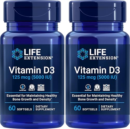 Life Extension Vitaminas y suplementos  Vitamina D3 5000 UI 120 cápsulas blandas 2 paquetes de 60 cápsulas blandas cada uno