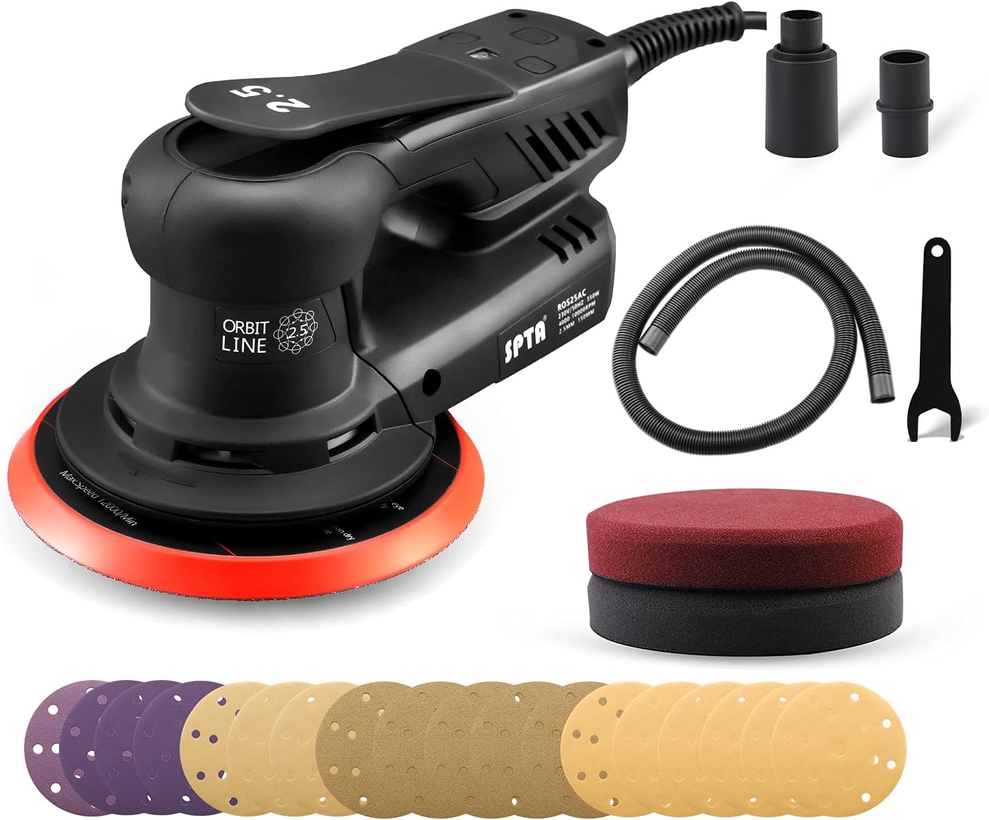 Electric Orbit Sander, SPTA 350W 150mm Random Orbit Sander, Variable Speed 4000-10000RPM, Digital Display Speed Controller, 2.5mm Orbit with Sandpapers - - 