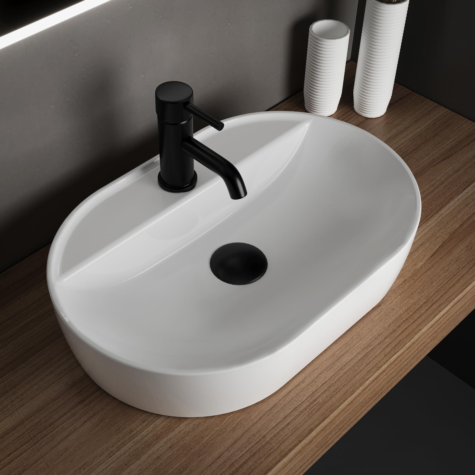 Alpenberger Waschbecken 60 cm Breit | Aufsatzwaschbecken Oval | Waschschüssel mit Nano für Badezimmer und Gäste WC | Waschtisch Klein | Waschschale mit Hahnloch