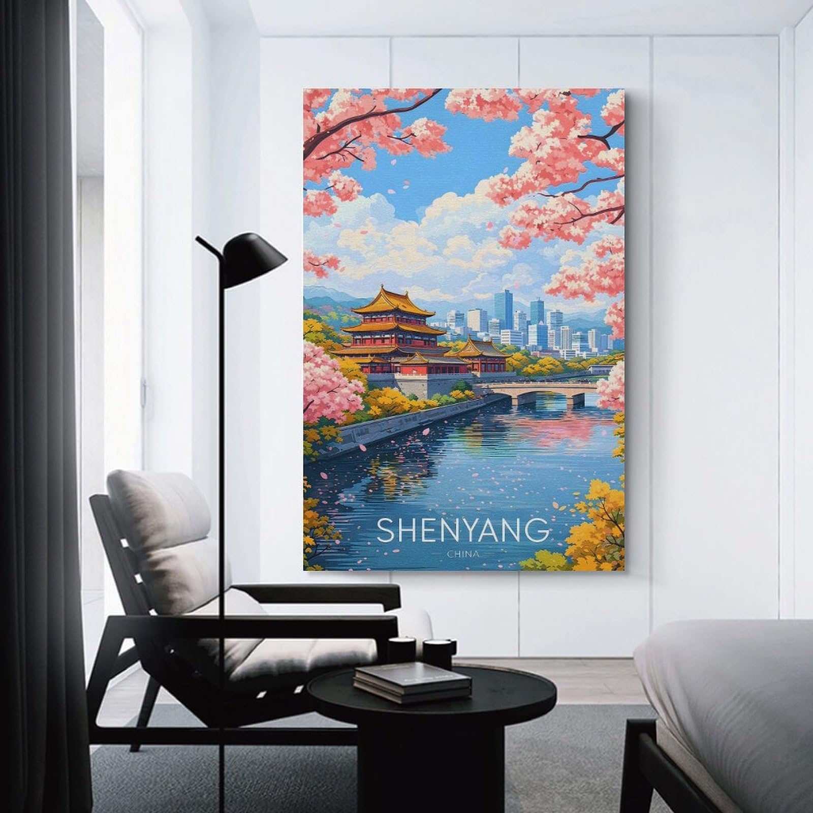 Junmoney Unframe-Style-12-1 Shenyang Cityscape With Cherry Blossoms Wall Decor Canvas Print, 20X30inch(50X75cm), For Flats, Guest Rooms Or Compact Rooms, A Simple Refresh For Blank Walls