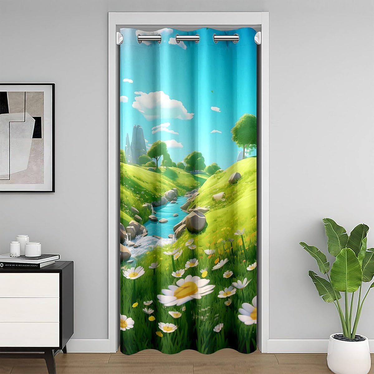 ErosebridalDaisy Blackout Curtain Spring Grassland Hill River Door Curtain Blue Sky and White Cloud Room Divider Curtain Fantastic Realistic Door Drape Decor 52" W X 80" L,Green Blue