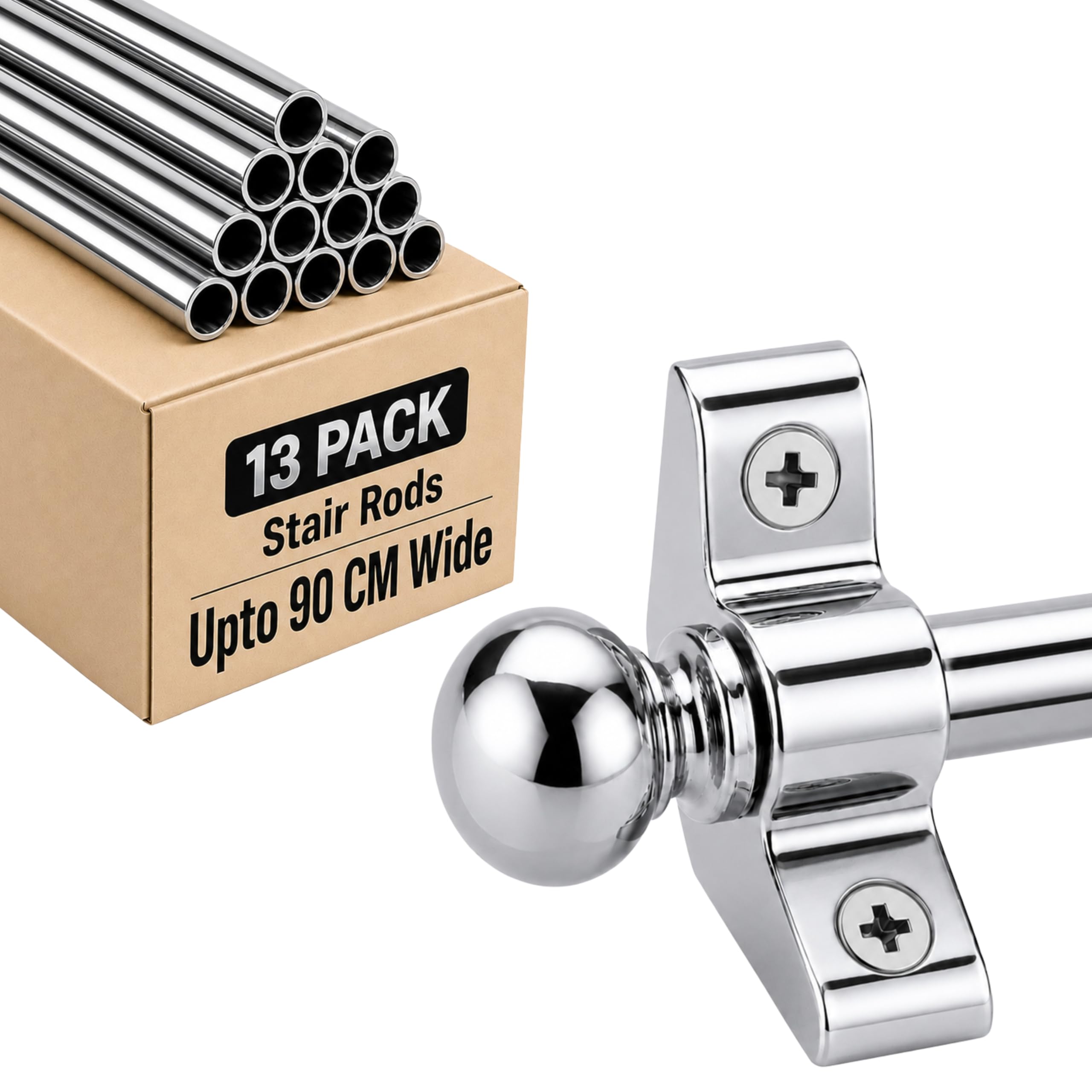 FROSHKAR Stair Rods for Runners Pack 13, Polished Chrome Finish - for Runners Up to 90 cm Wide, Cut to Size, Decorative Carpet Stair Rods, Round Finials with Fixings