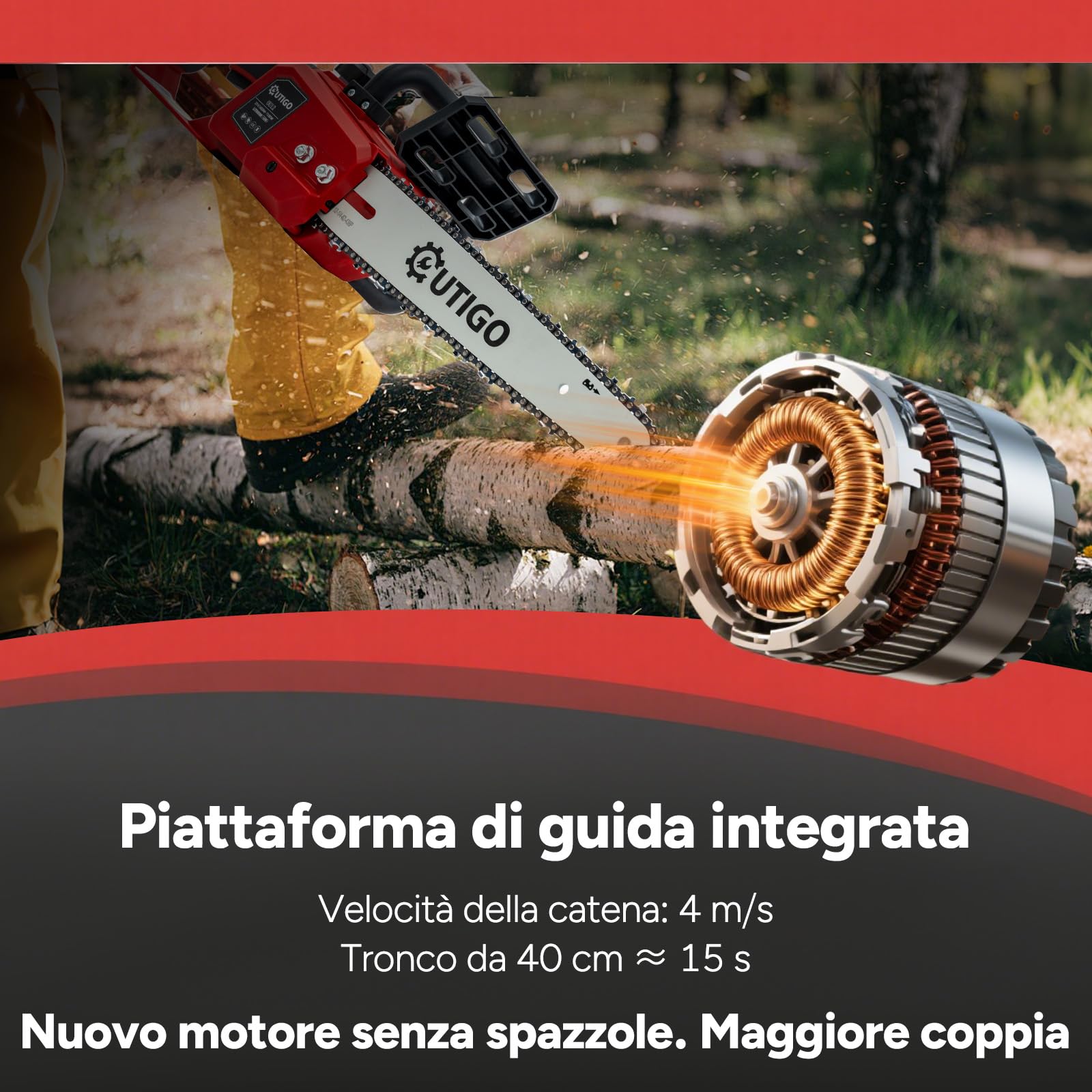 OUTIGO Motosega a batteria, 12 Pollici Motosega motore brushless da 1000 W, motosega elettrica con 2 batterie da 4500 mAh, 1 catena + 1 barra guida