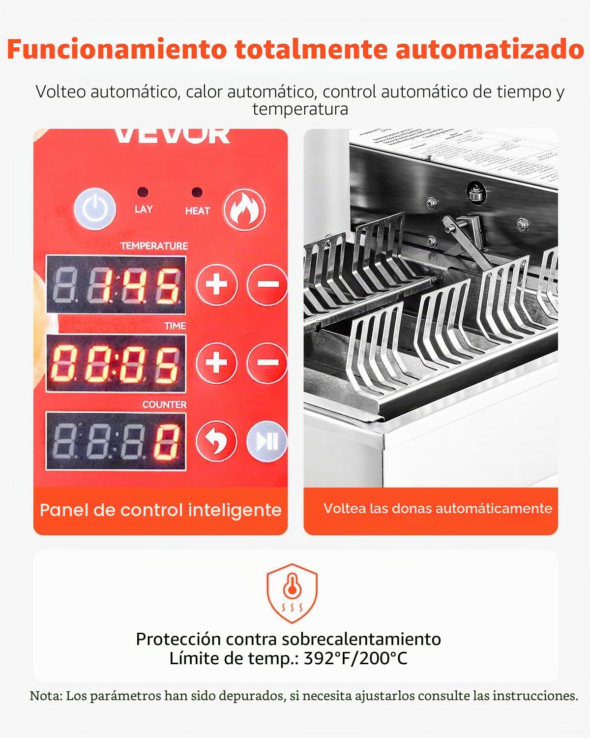 VEVOR Máquina Automática para Hacer Donas, Equipo para Hacer Donas de 4 Filas, Alta Potencia 240 Piezas/Hora, Acero Inoxidable, Control Inteligente, con Una Tolva 3 L y Un Tanque de Aceite 6,1 L