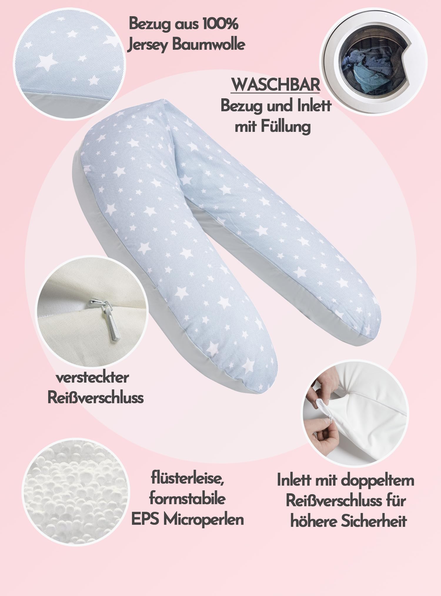 pic Bear Poduszka do karmienia Premium – wysokiej jakości poduszka ciążowa – przyjemna w dotyku poduszka do leżenia z bawełny – poduszka do spania na boku – 194 cm Premium – Ice Stars