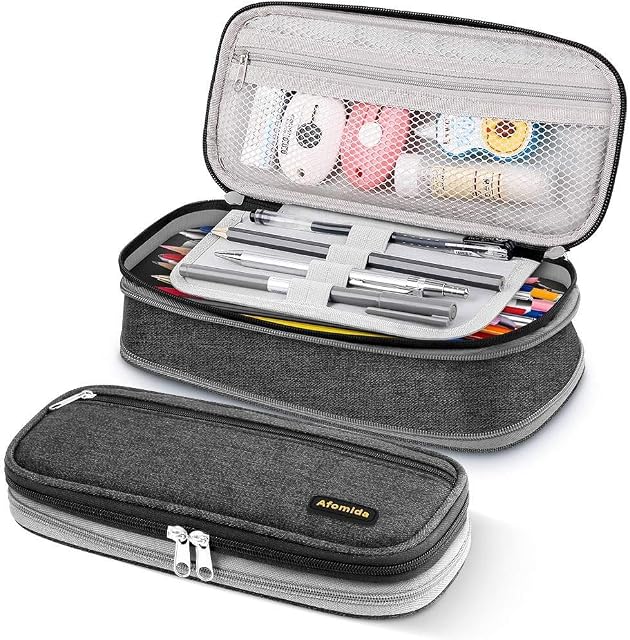 Afomida Pencil Case Large Capacity Pen Pouch Stationery Holder Big Storage Marker Bag Foldable Boy Girl College High School Supplies Office Box Organizer with Zipper (Dark Gray)